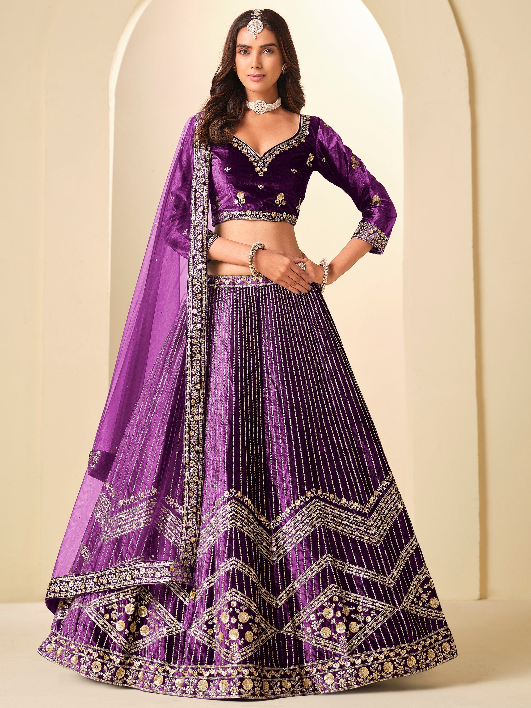 Rich Purple Heavy Embroidered Velvet Engagement Wear Lehenga With Blouse