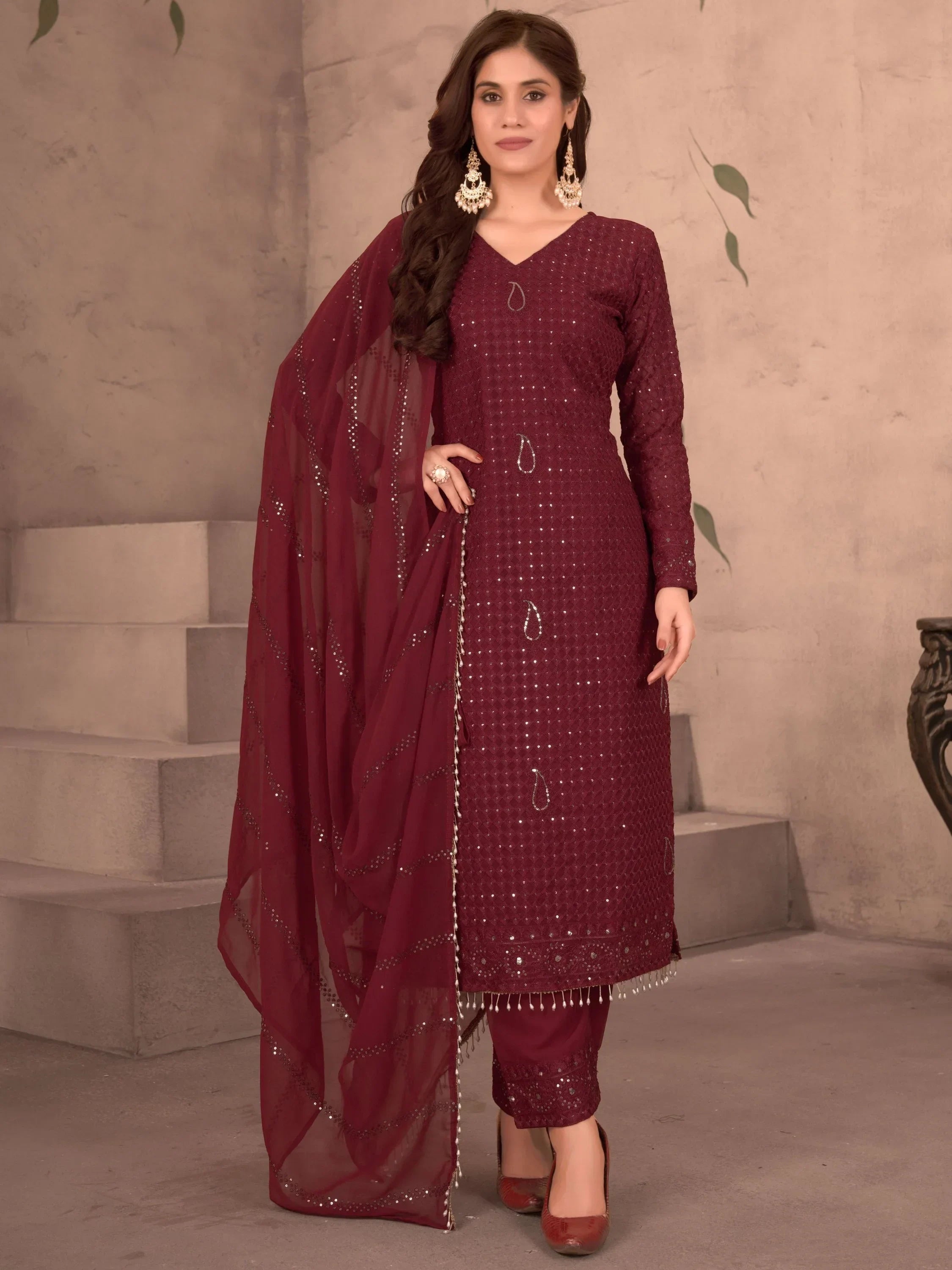 Wonderful Maroon Thread Work Georgette Festive Wear Pant Suit