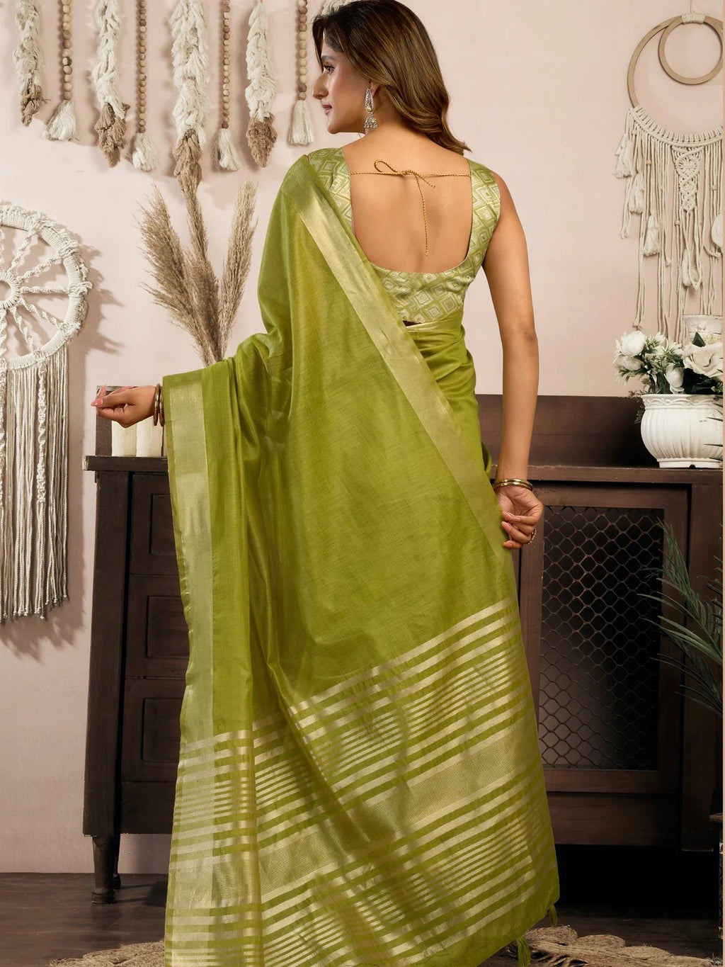 Alluring Olive Green Zari Weaving Cotton Mehendi Wear Saree With Blouse