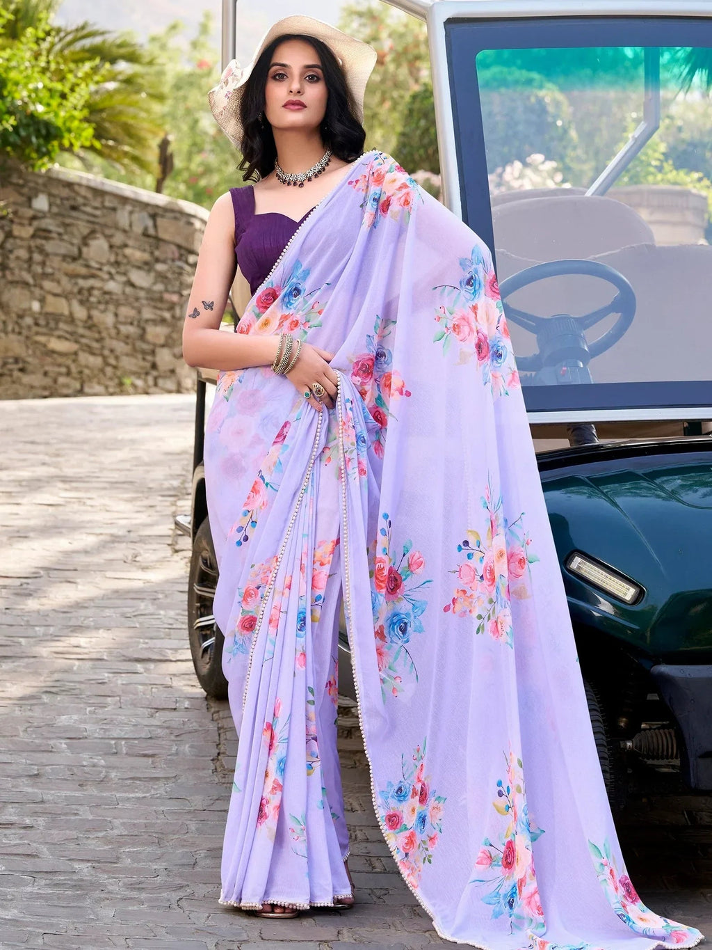 Lavender Awesome Floral Printed Crepe Casual Wear Saree