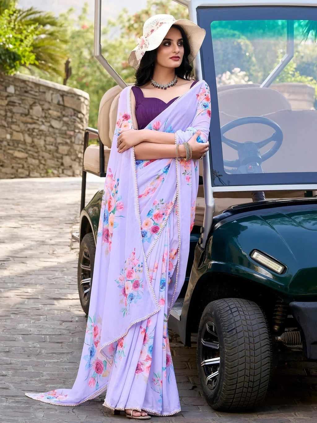 Lavender Awesome Floral Printed Crepe Casual Wear Saree