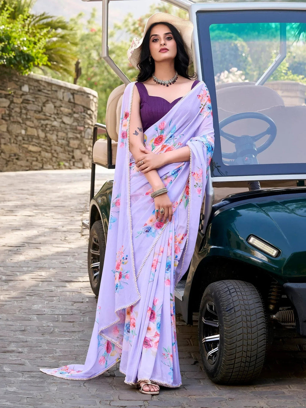 Lavender Awesome Floral Printed Crepe Casual Wear Saree