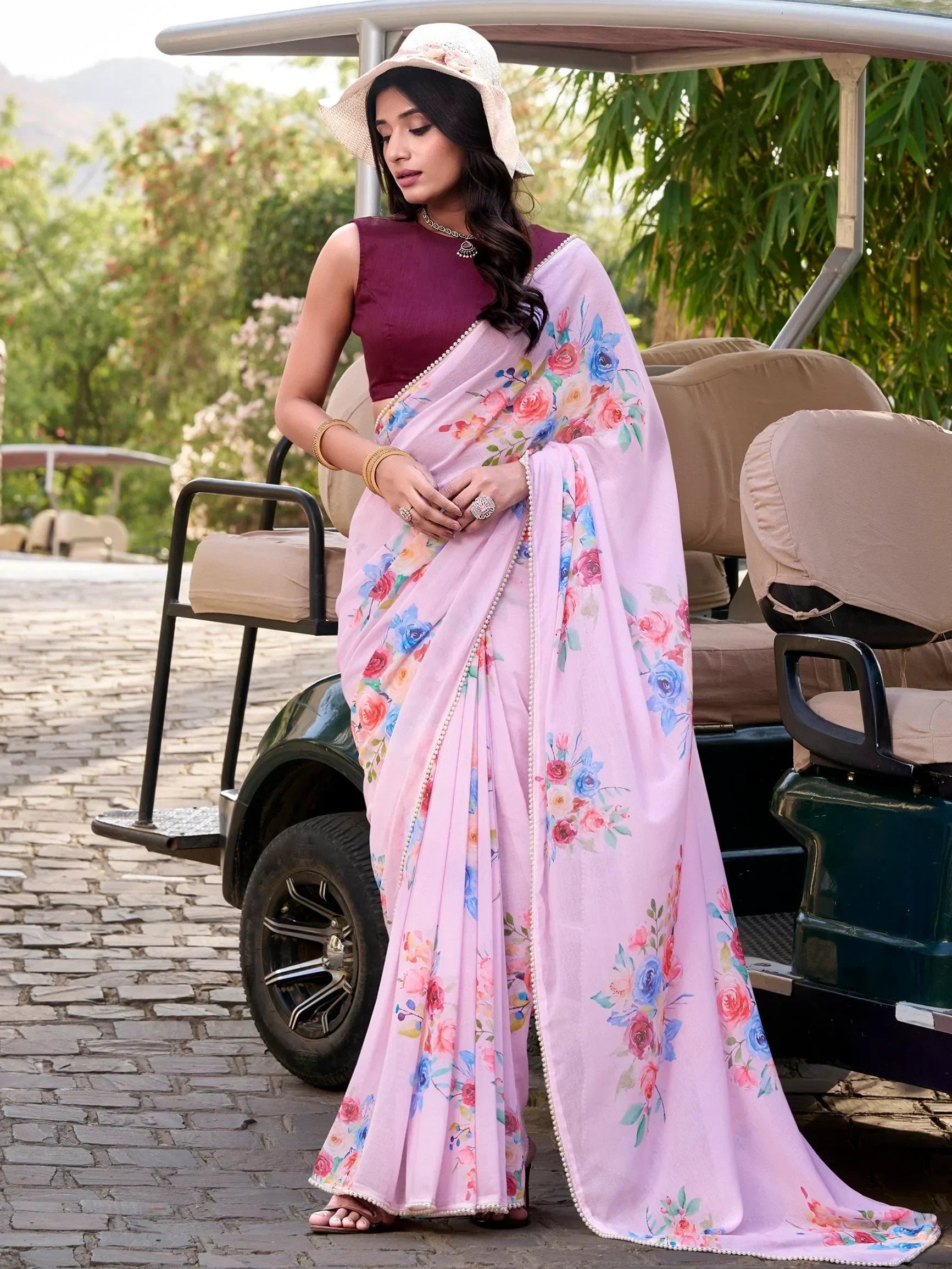 Purple Awesome Floral Printed Crepe Casual Wear Saree