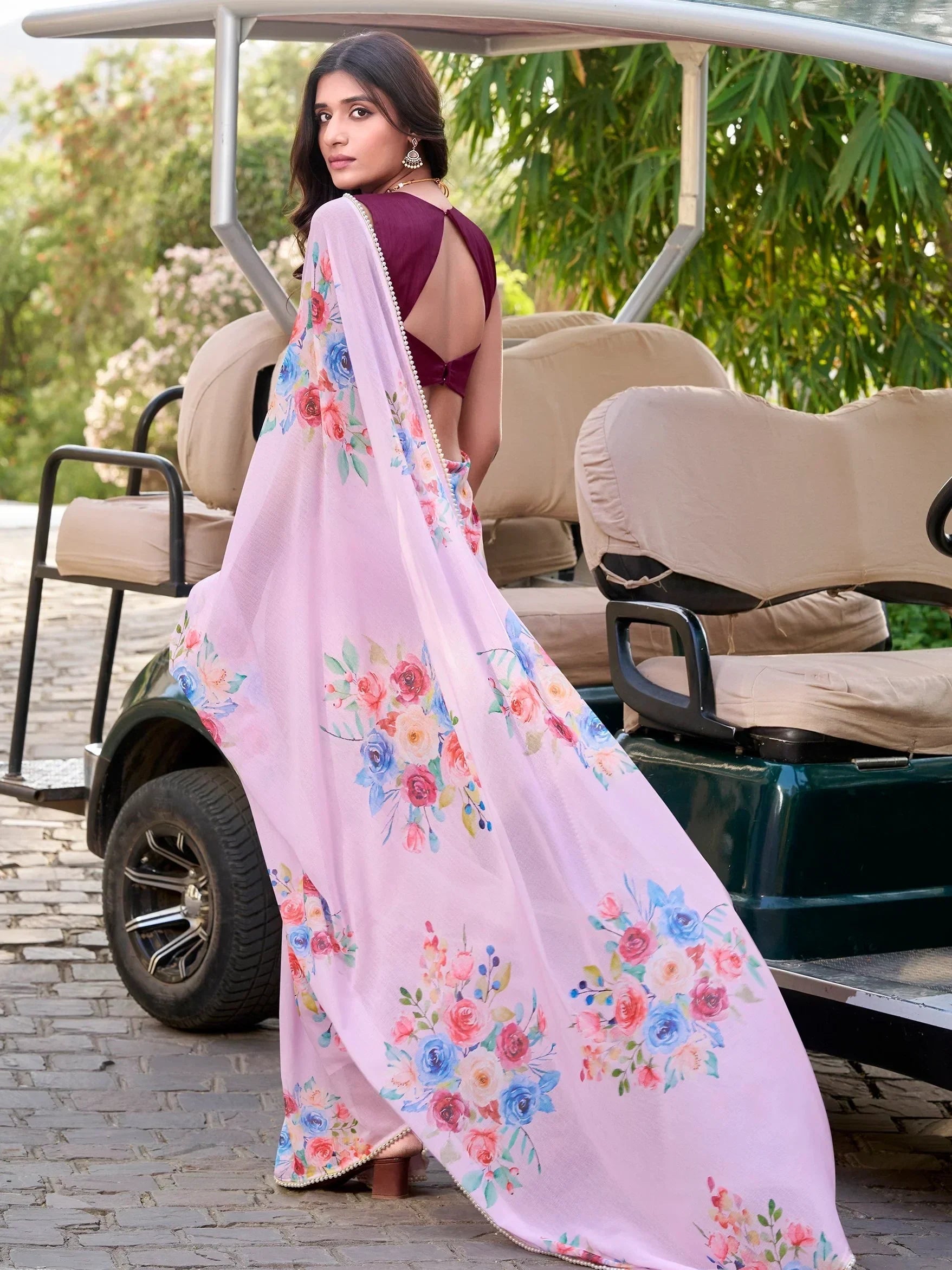 Purple Awesome Floral Printed Crepe Casual Wear Saree