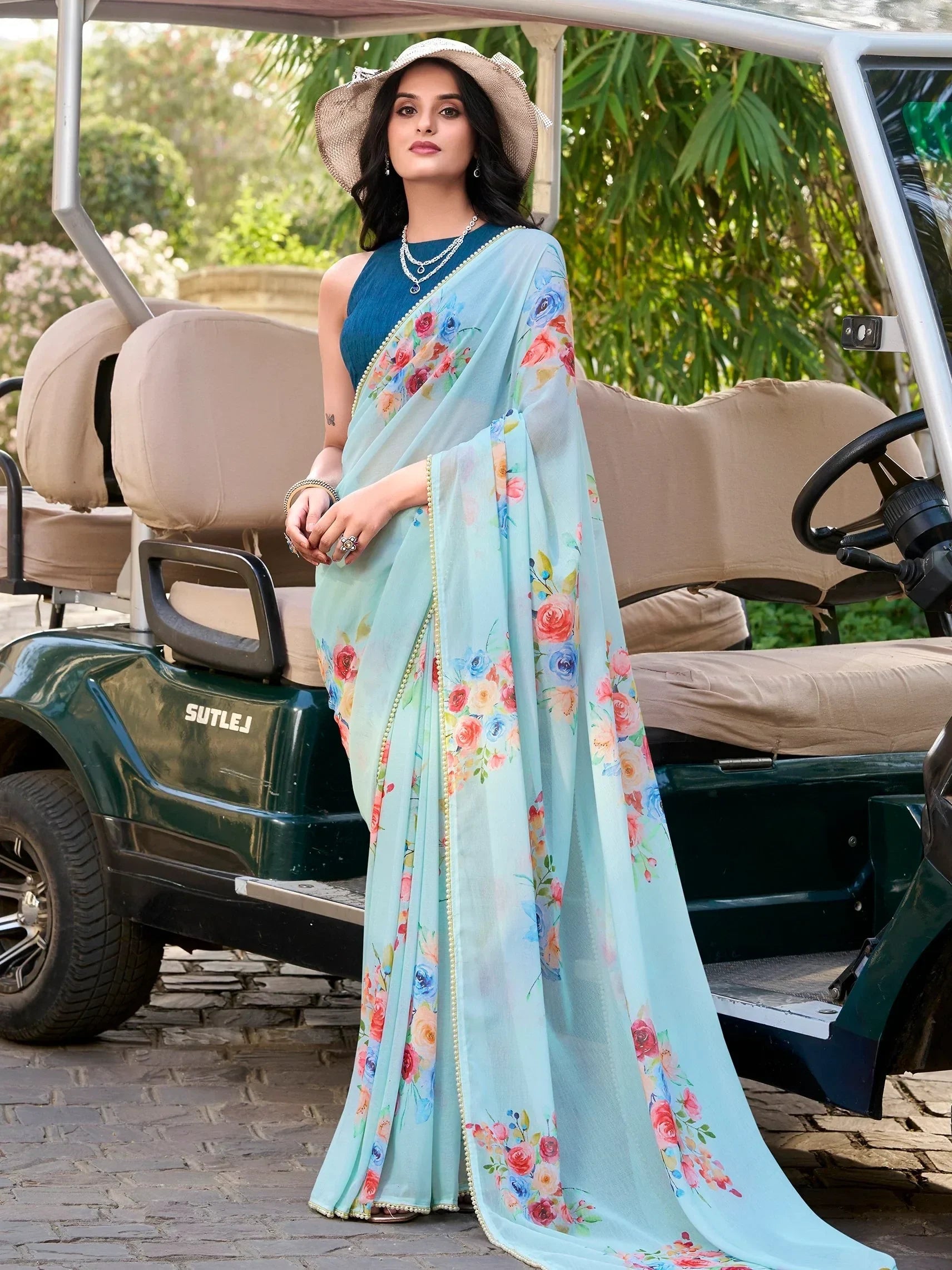 Sky Blue Awesome Floral Printed Crepe Casual Wear Saree