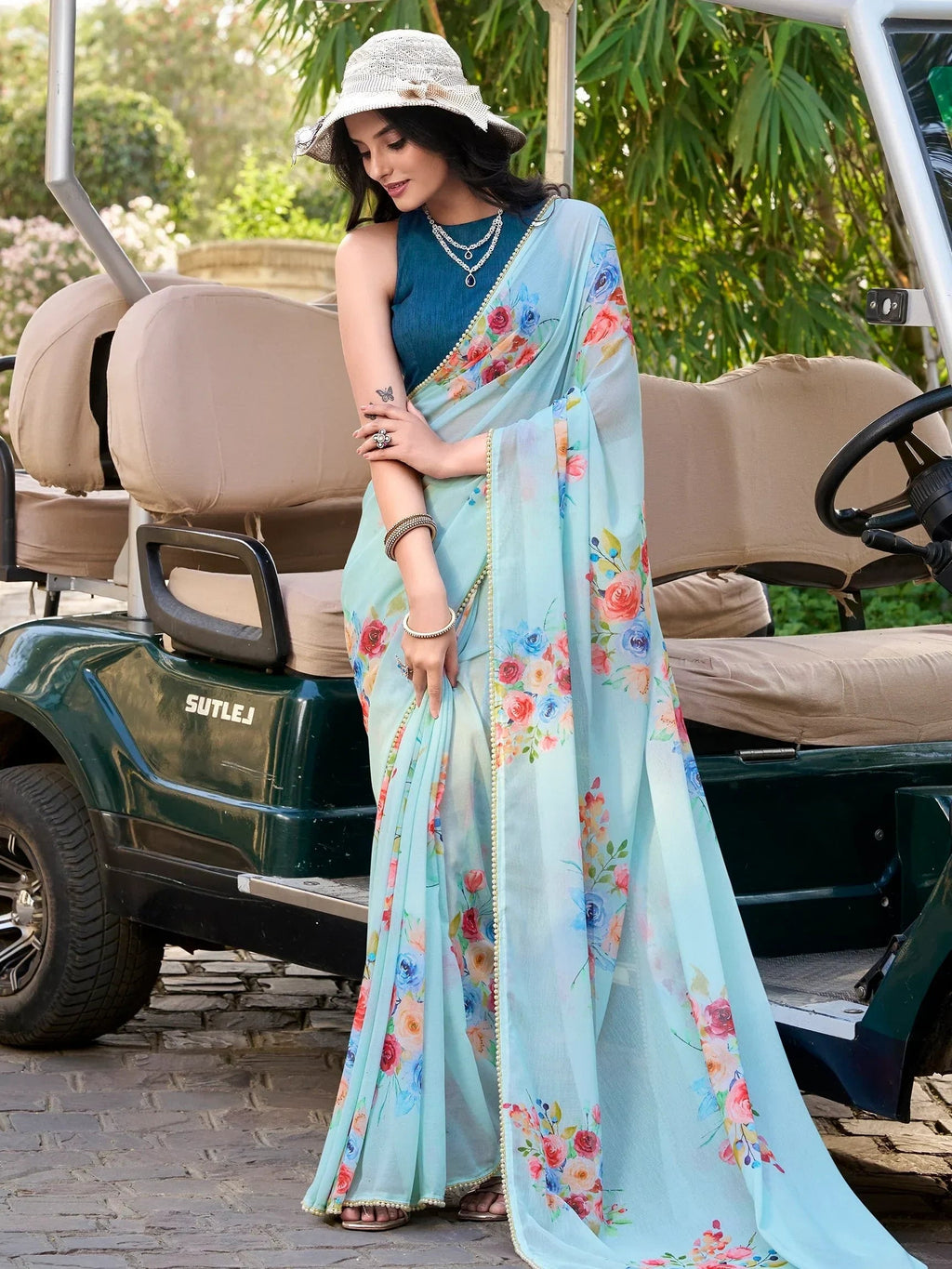 Sky Blue Awesome Floral Printed Crepe Casual Wear Saree