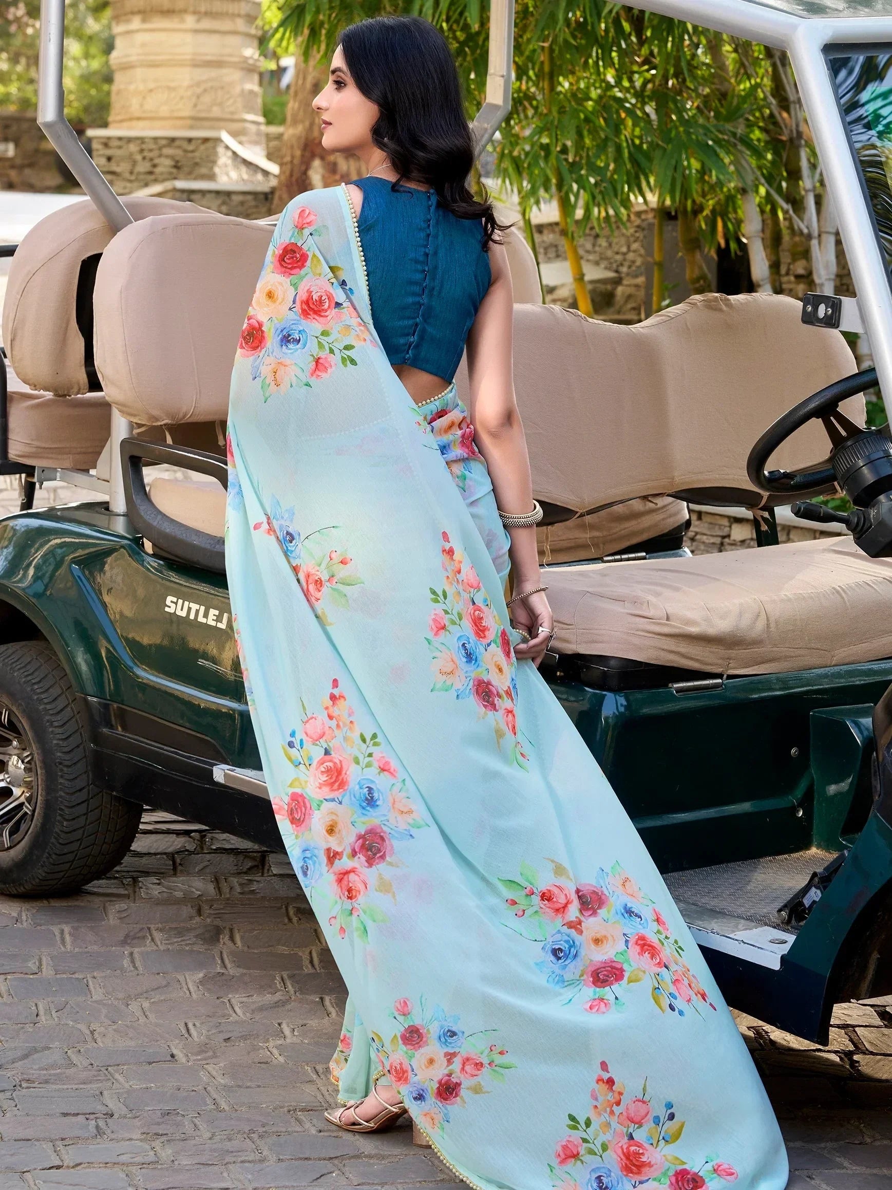 Sky Blue Awesome Floral Printed Crepe Casual Wear Saree