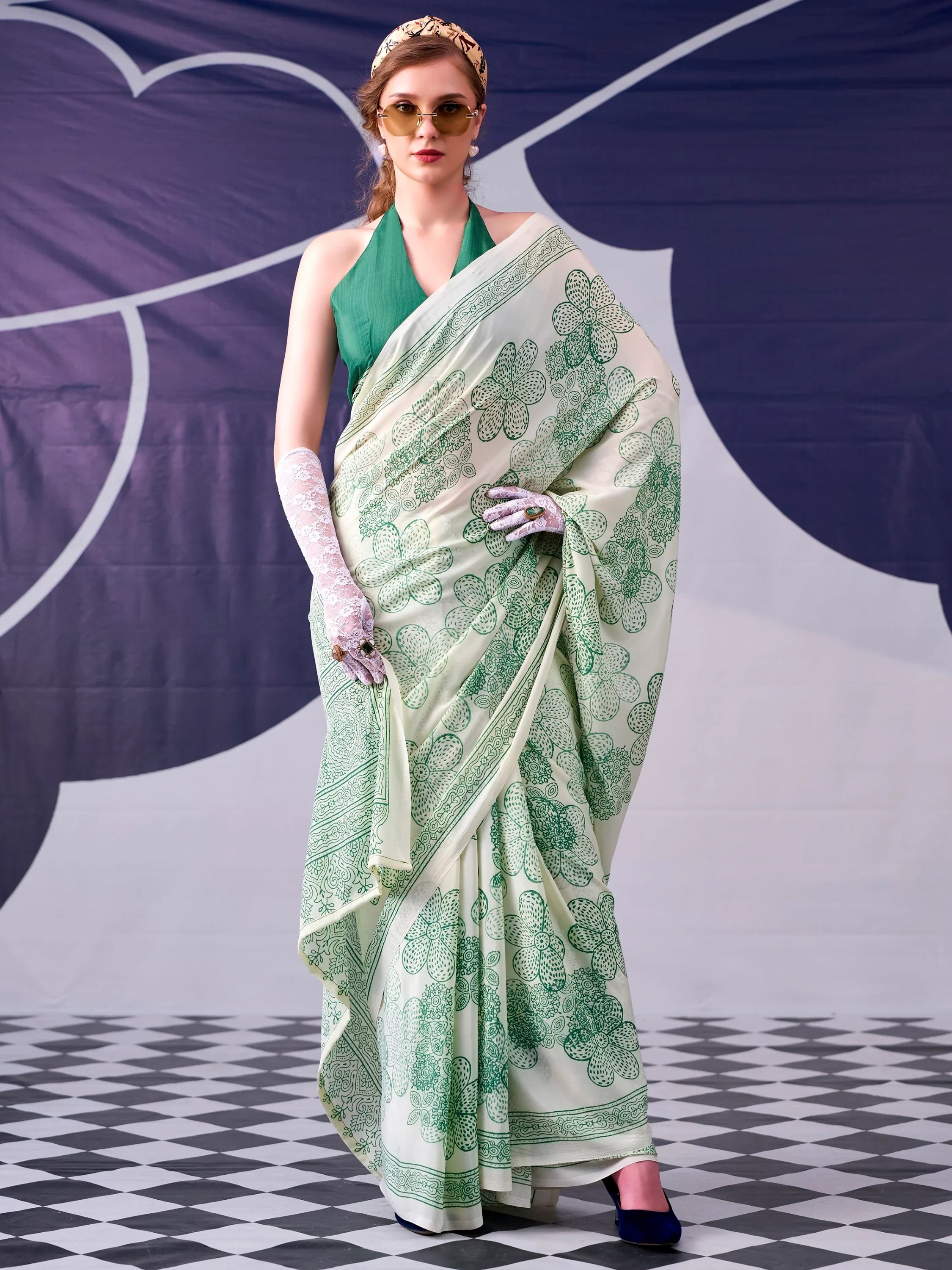 Green Attractive Floral Printed Satin Function Wear Saree With Blouse
