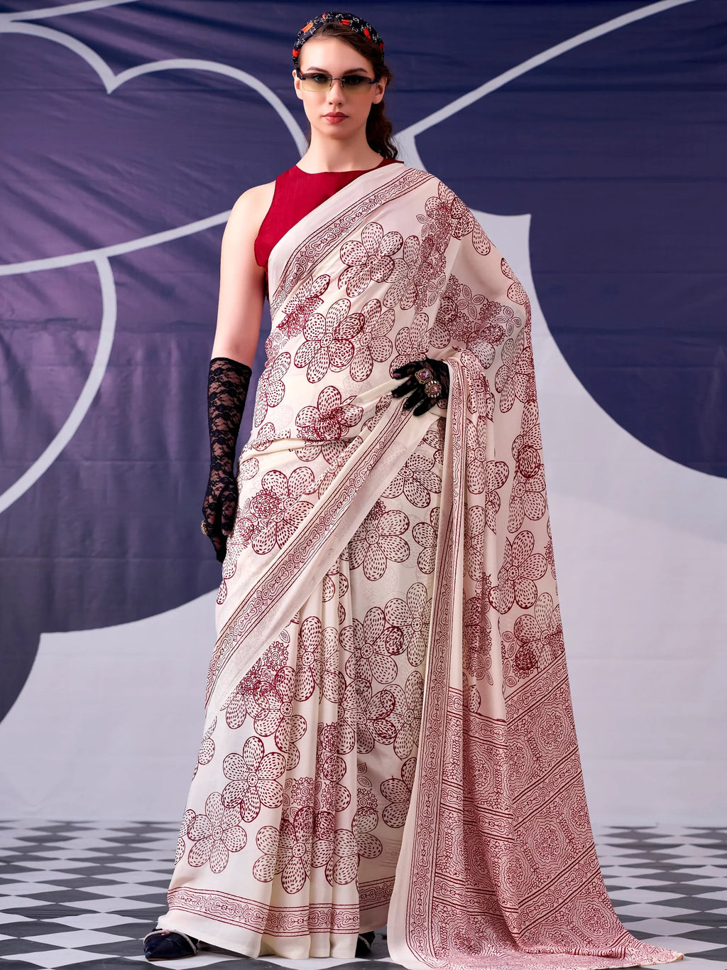 Maroon Attractive Floral Printed Satin Function Wear Saree With Blouse