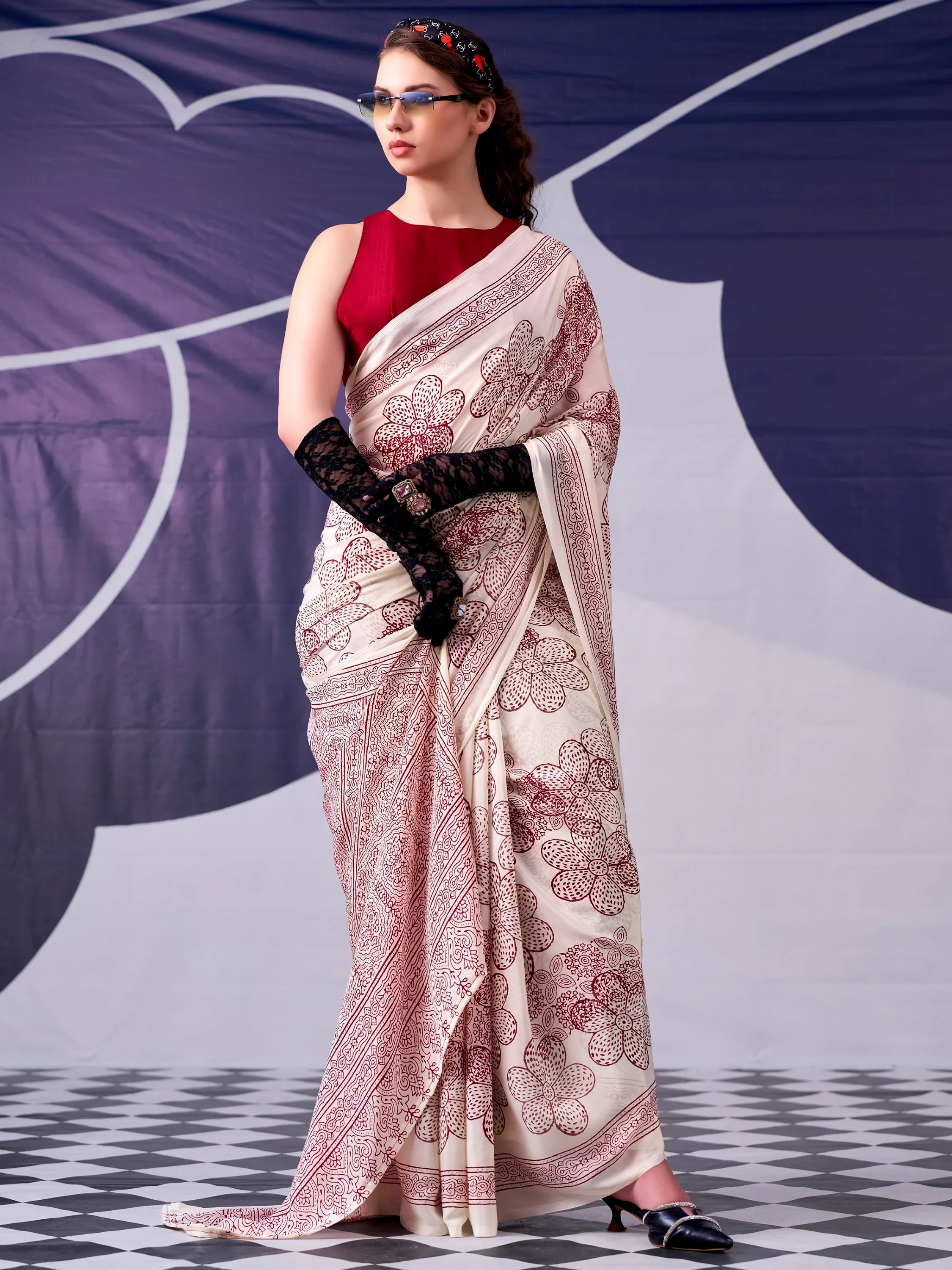 Maroon Attractive Floral Printed Satin Function Wear Saree With Blouse