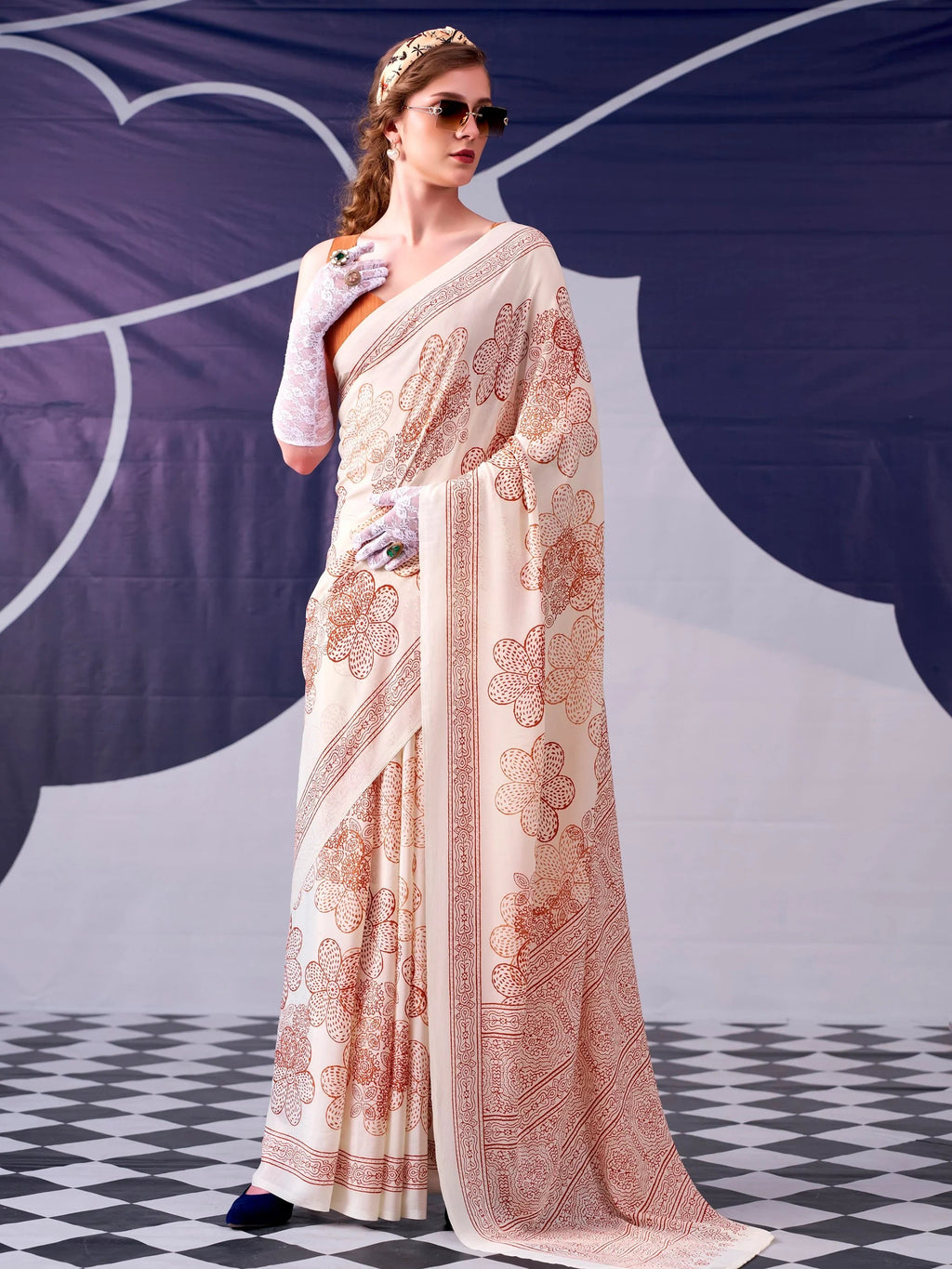 Peach Attractive Floral Printed Satin Function Wear Saree With Blouse