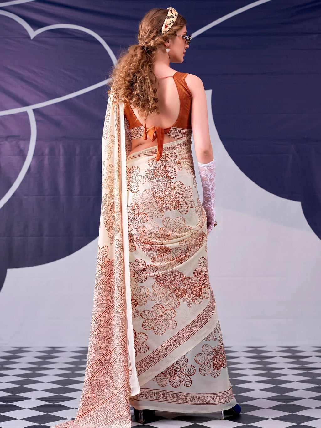 Peach Attractive Floral Printed Satin Function Wear Saree With Blouse