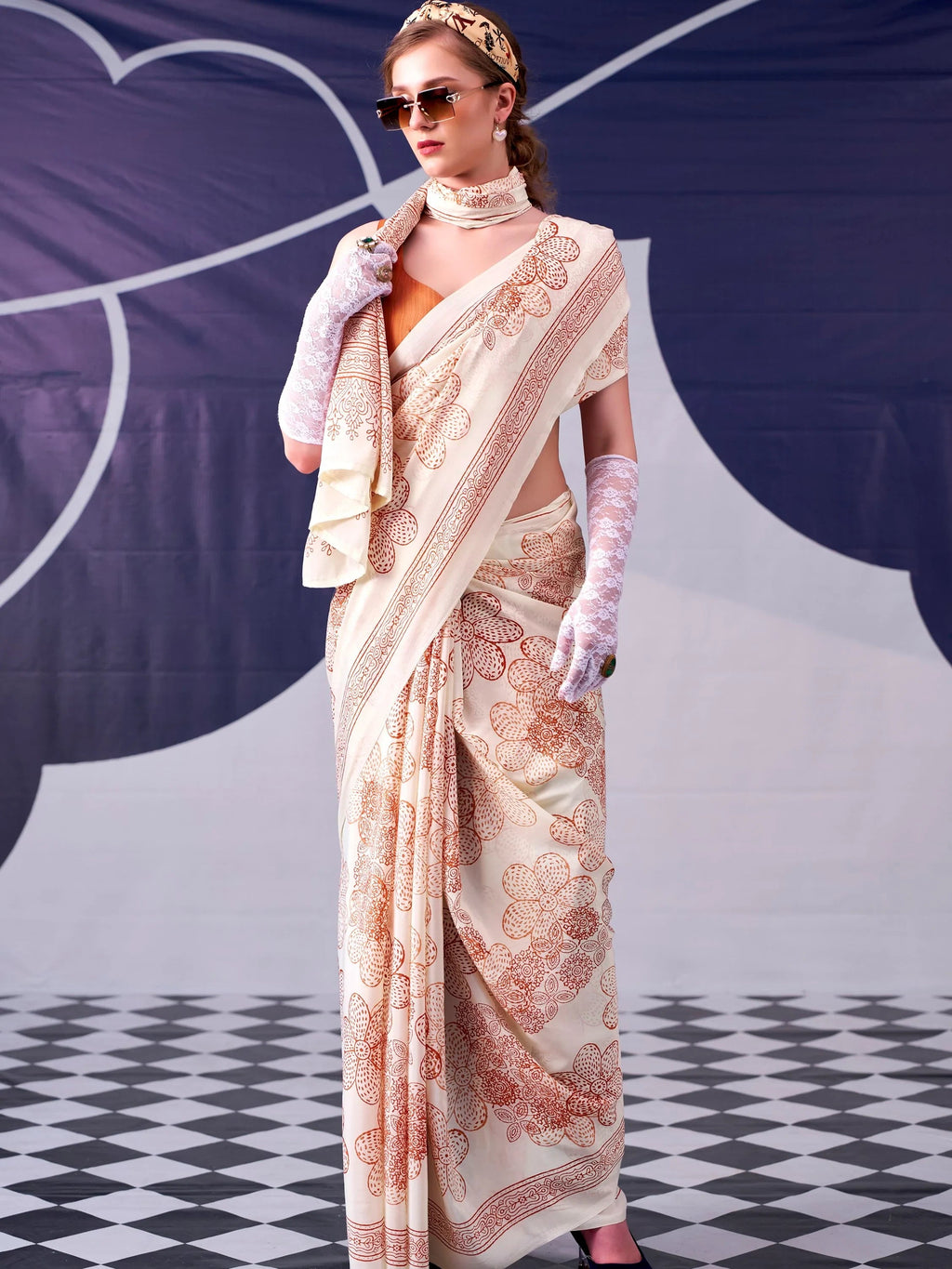 Peach Attractive Floral Printed Satin Function Wear Saree With Blouse
