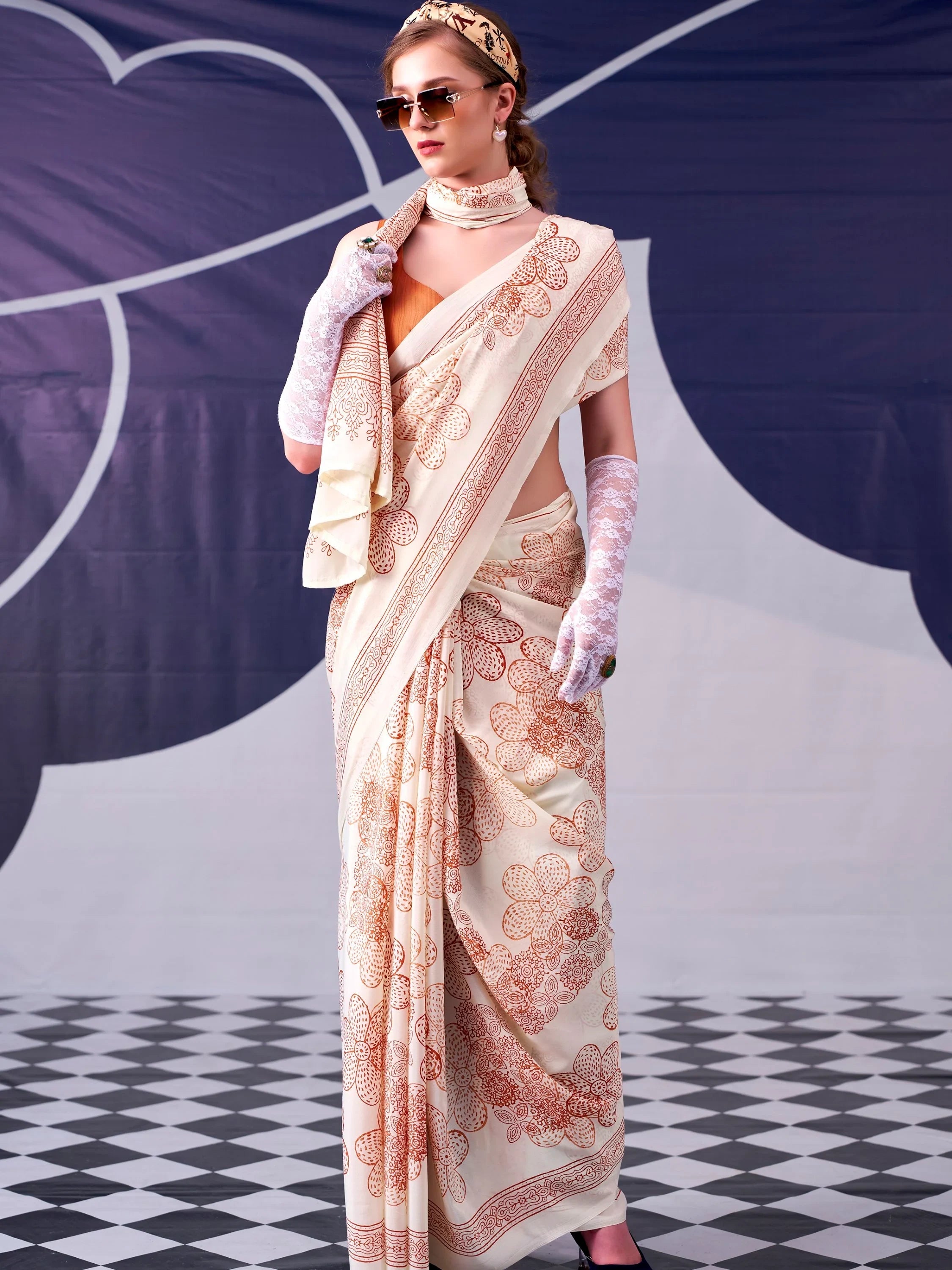 Peach Attractive Floral Printed Satin Function Wear Saree With Blouse