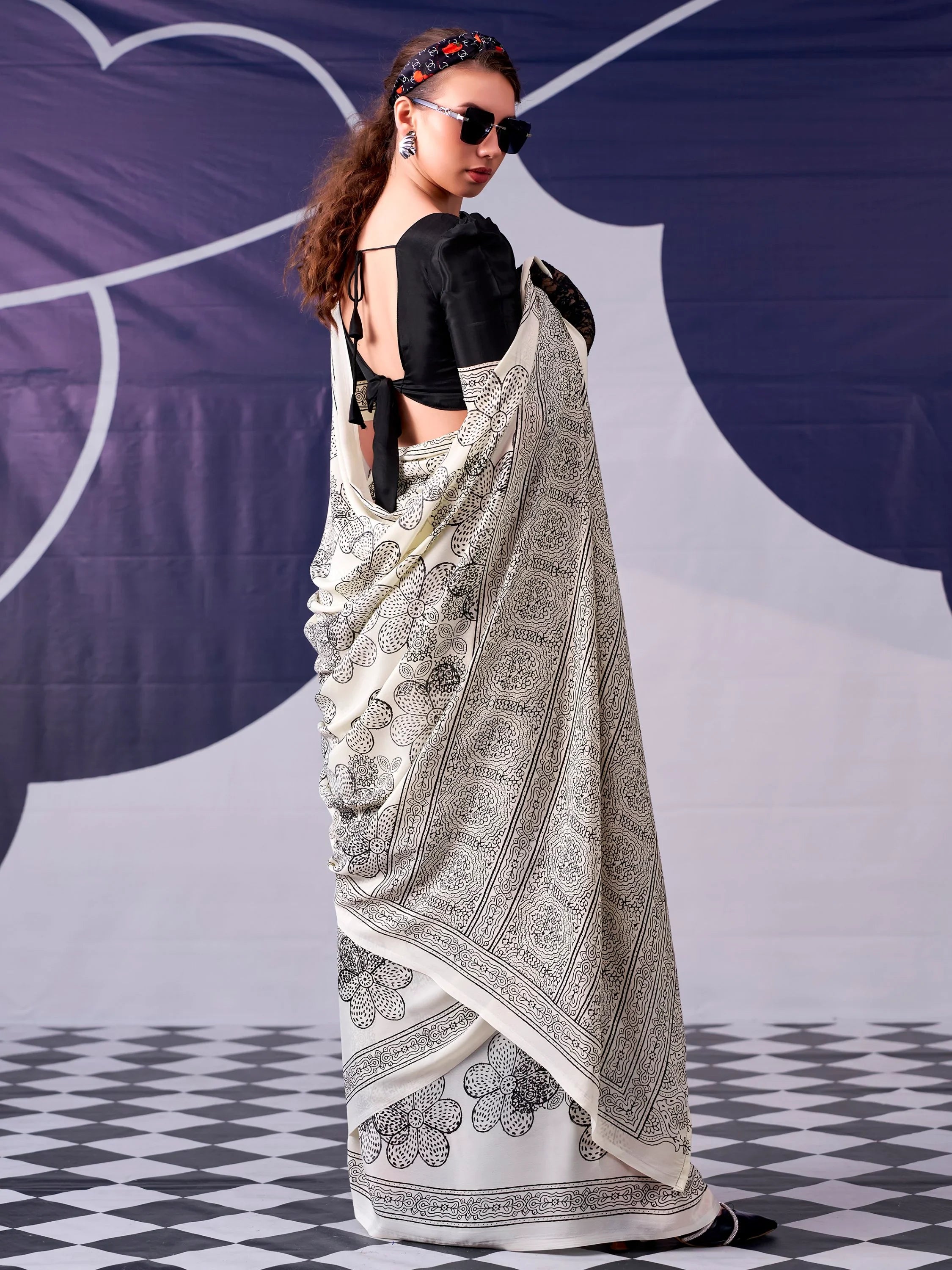 Black Attractive Floral Printed Satin Function Wear Saree With Blouse