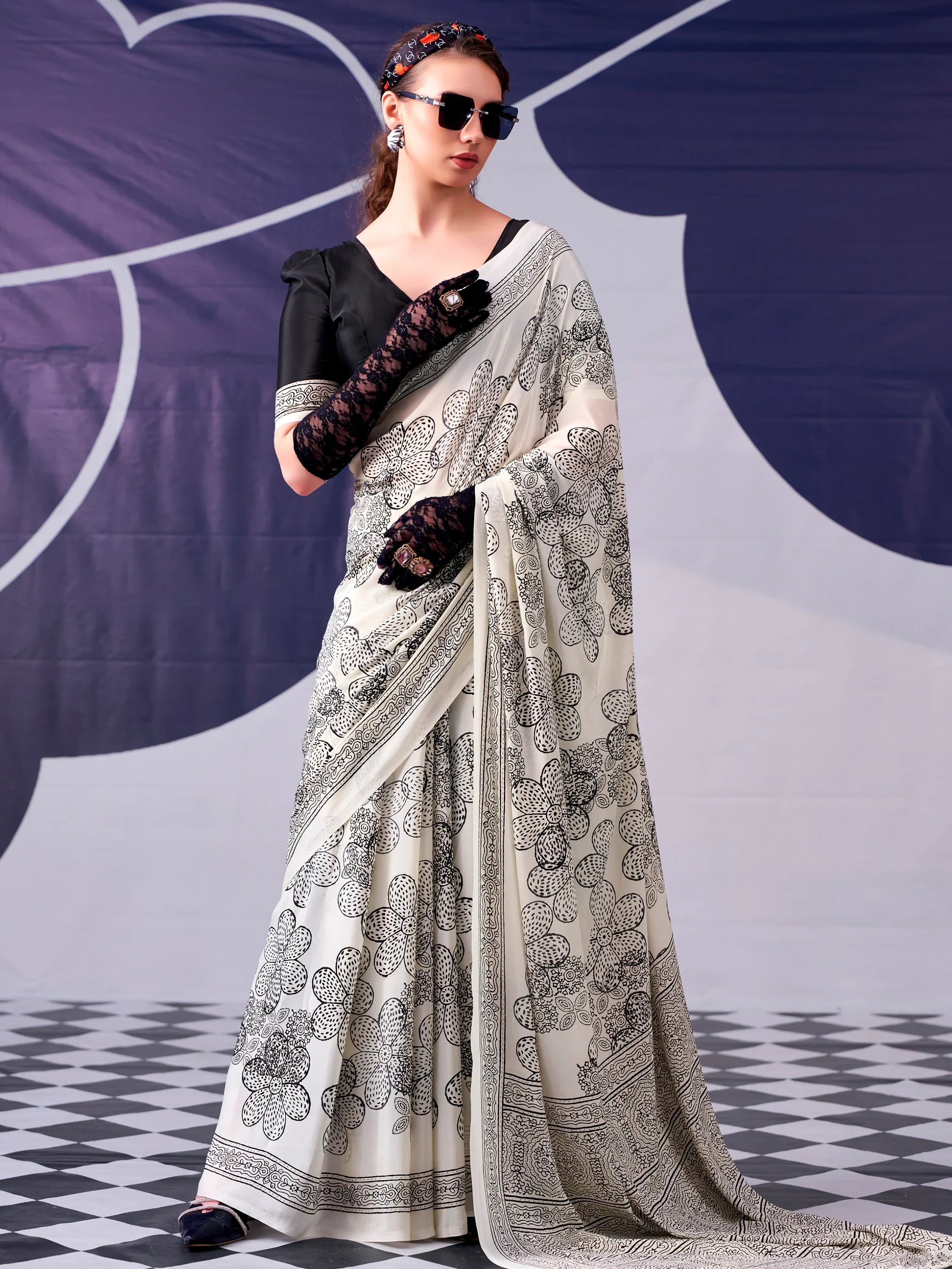 Black Attractive Floral Printed Satin Function Wear Saree With Blouse