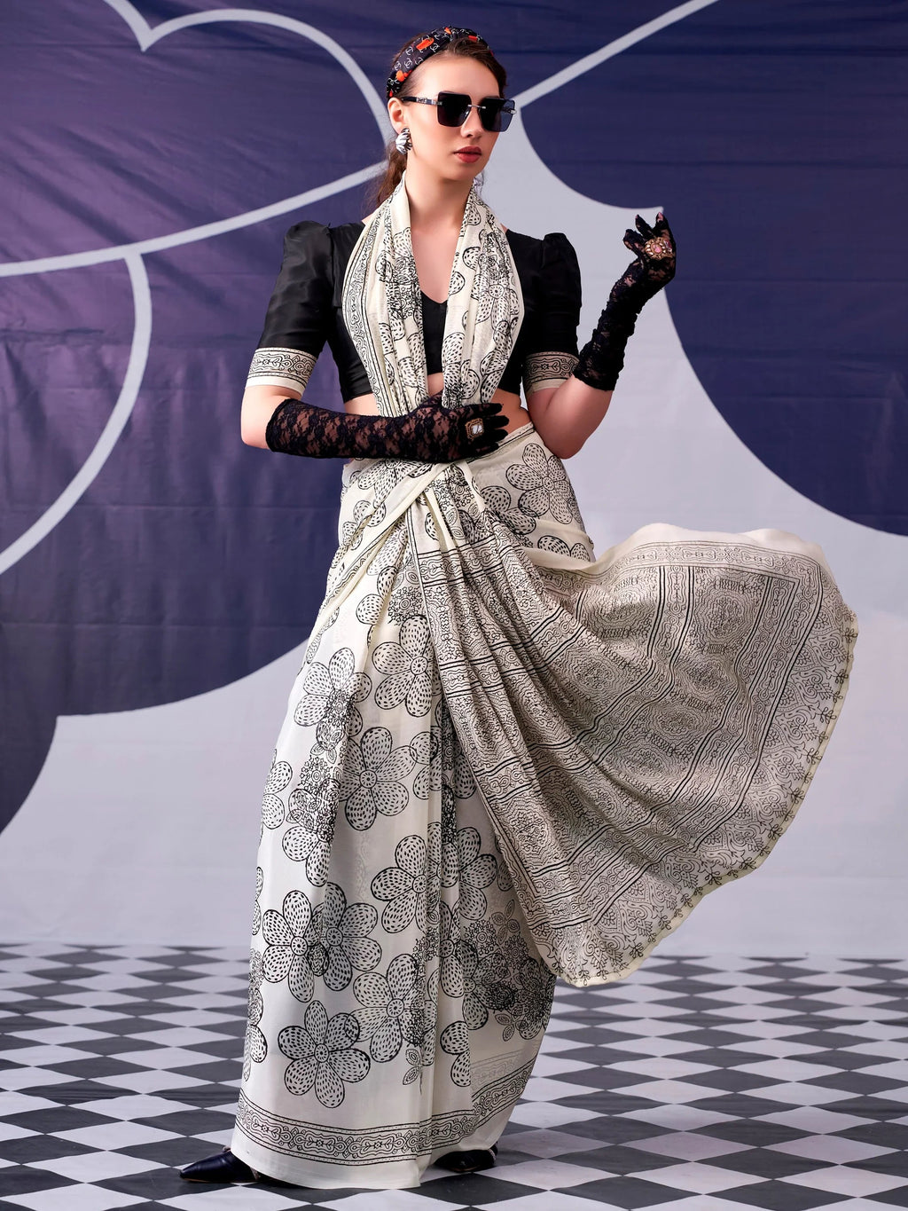Black Attractive Floral Printed Satin Function Wear Saree With Blouse
