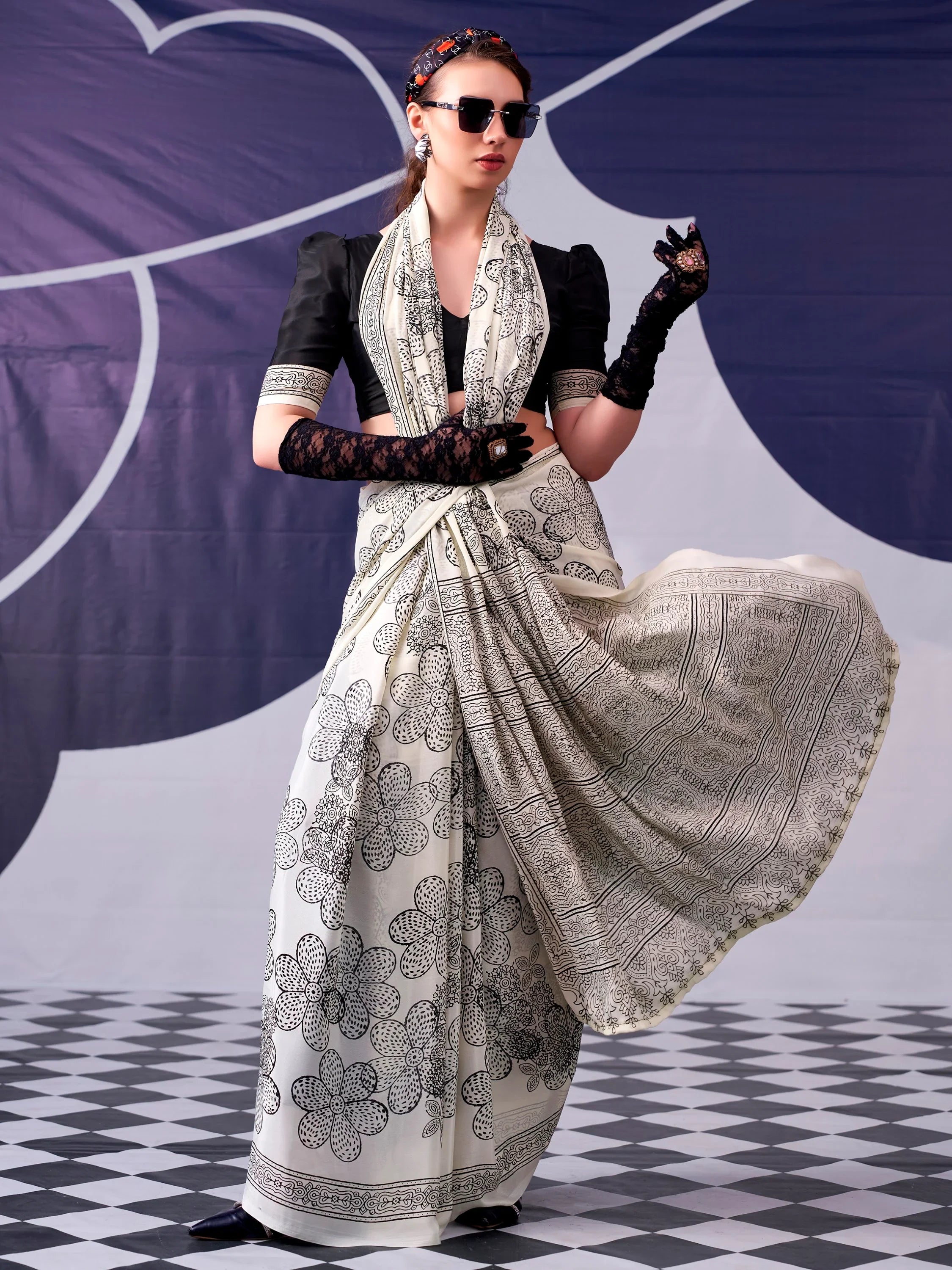 Black Attractive Floral Printed Satin Function Wear Saree With Blouse