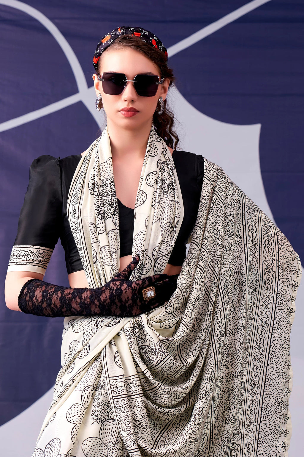 Black Attractive Floral Printed Satin Function Wear Saree With Blouse