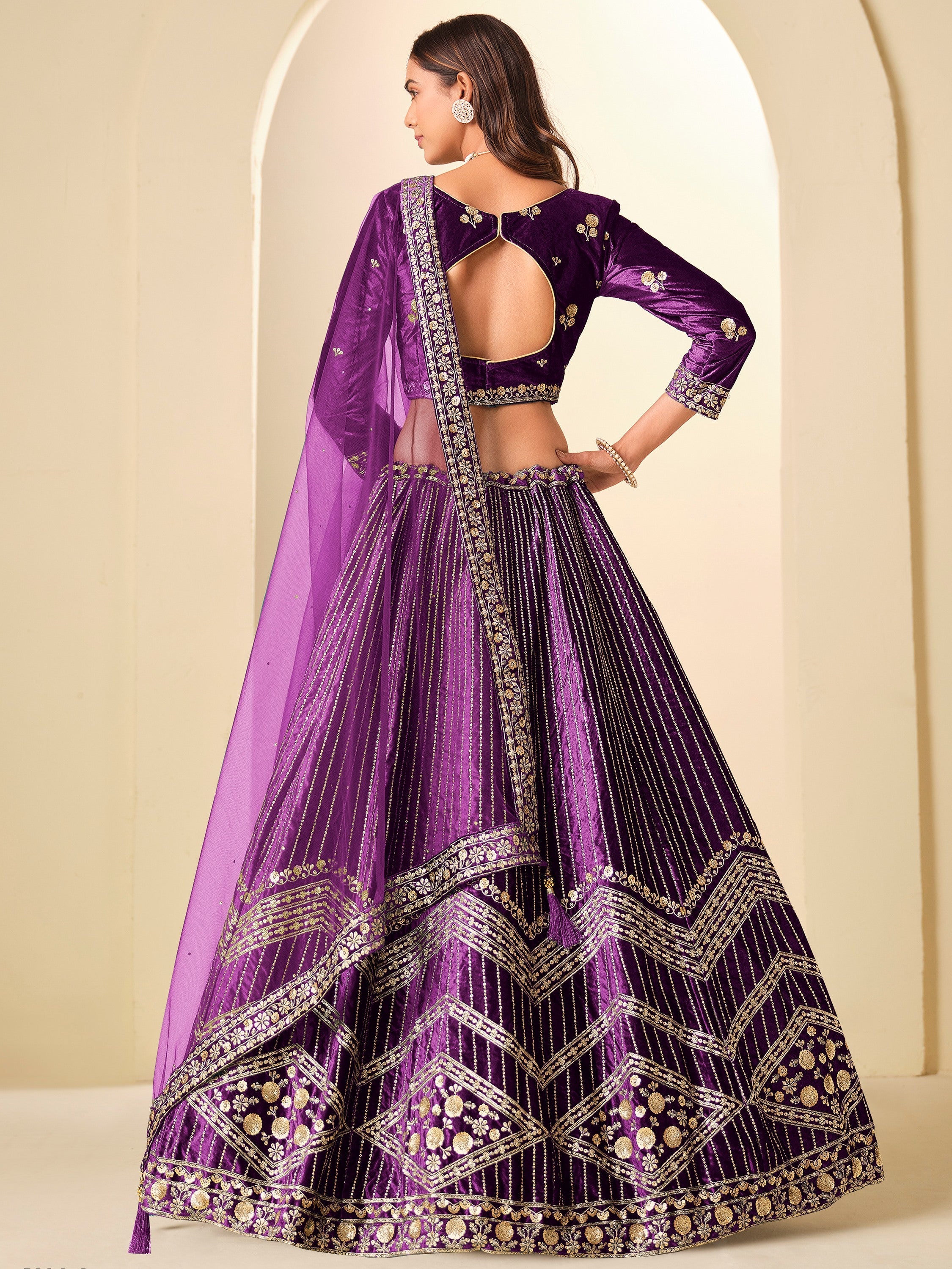 Rich Purple Heavy Embroidered Velvet Engagement Wear Lehenga With Blouse