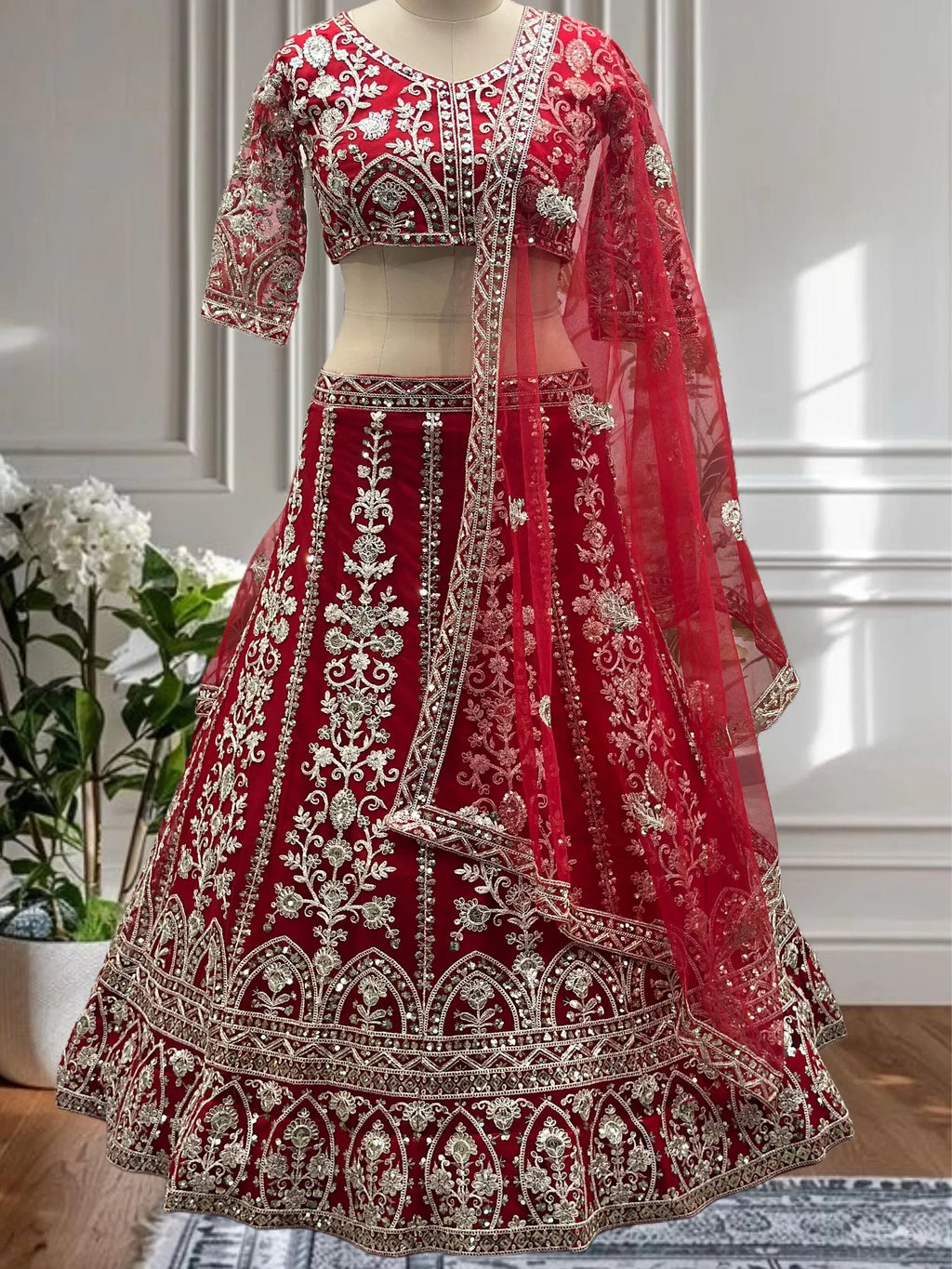 Red Captivating Net Sequins Embroidered Bridesmaid Lehenga Choli