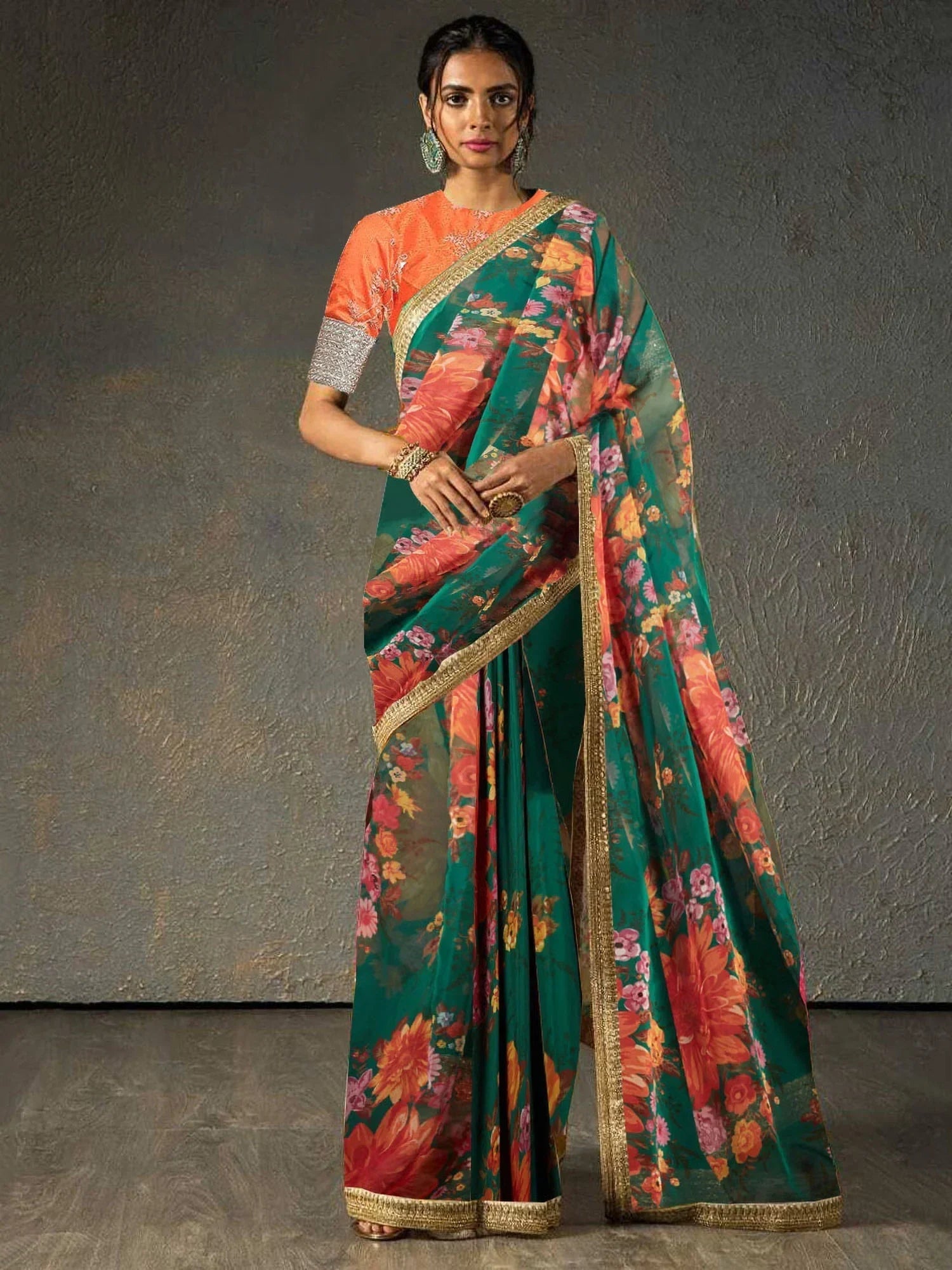 Green Sabyasachi Off Floral Orangza Wedding Wear Saree With Blouse