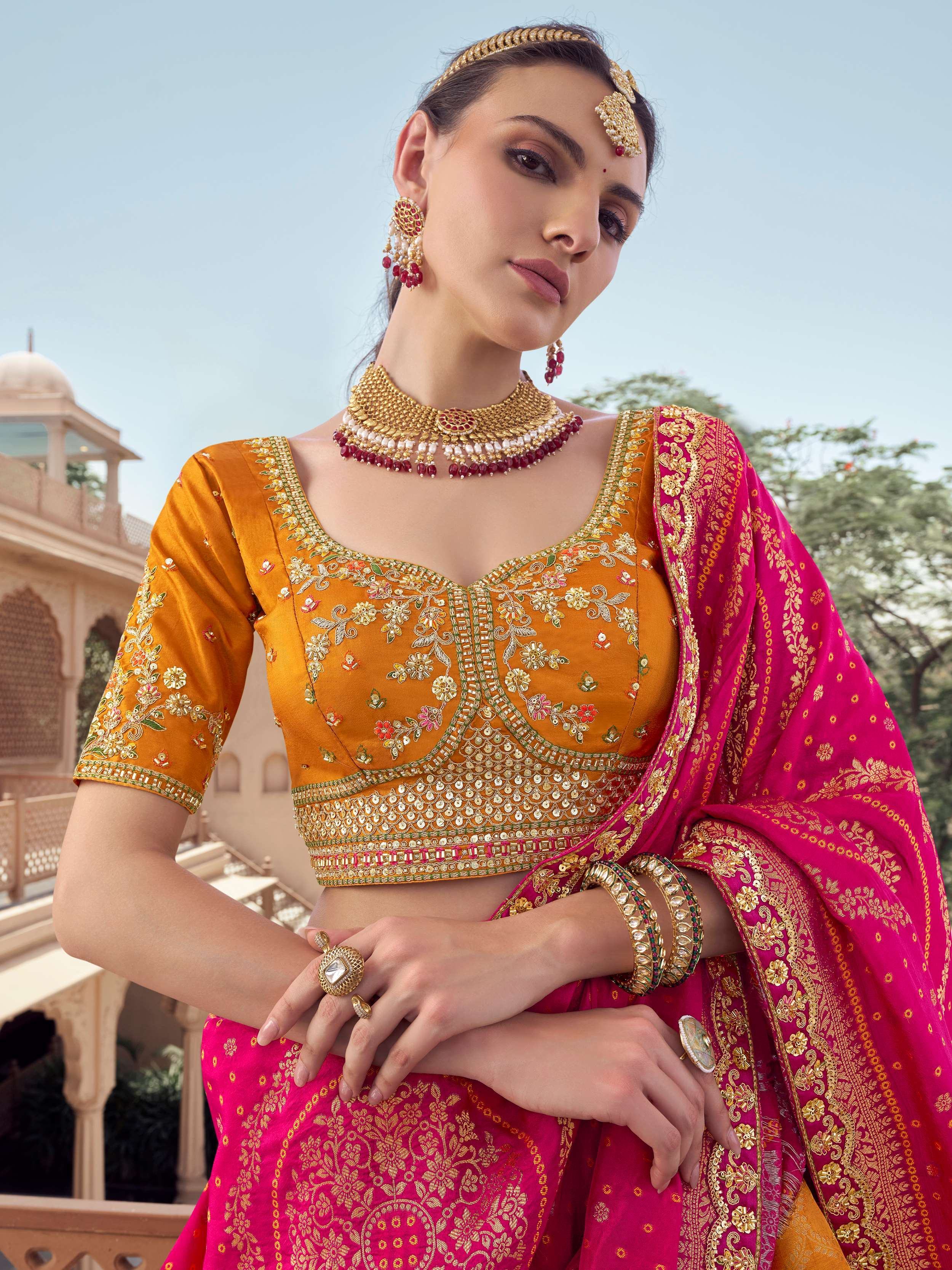 Lovely Mustard Embroidered Tissue Wedding Wear Lehenga Choli