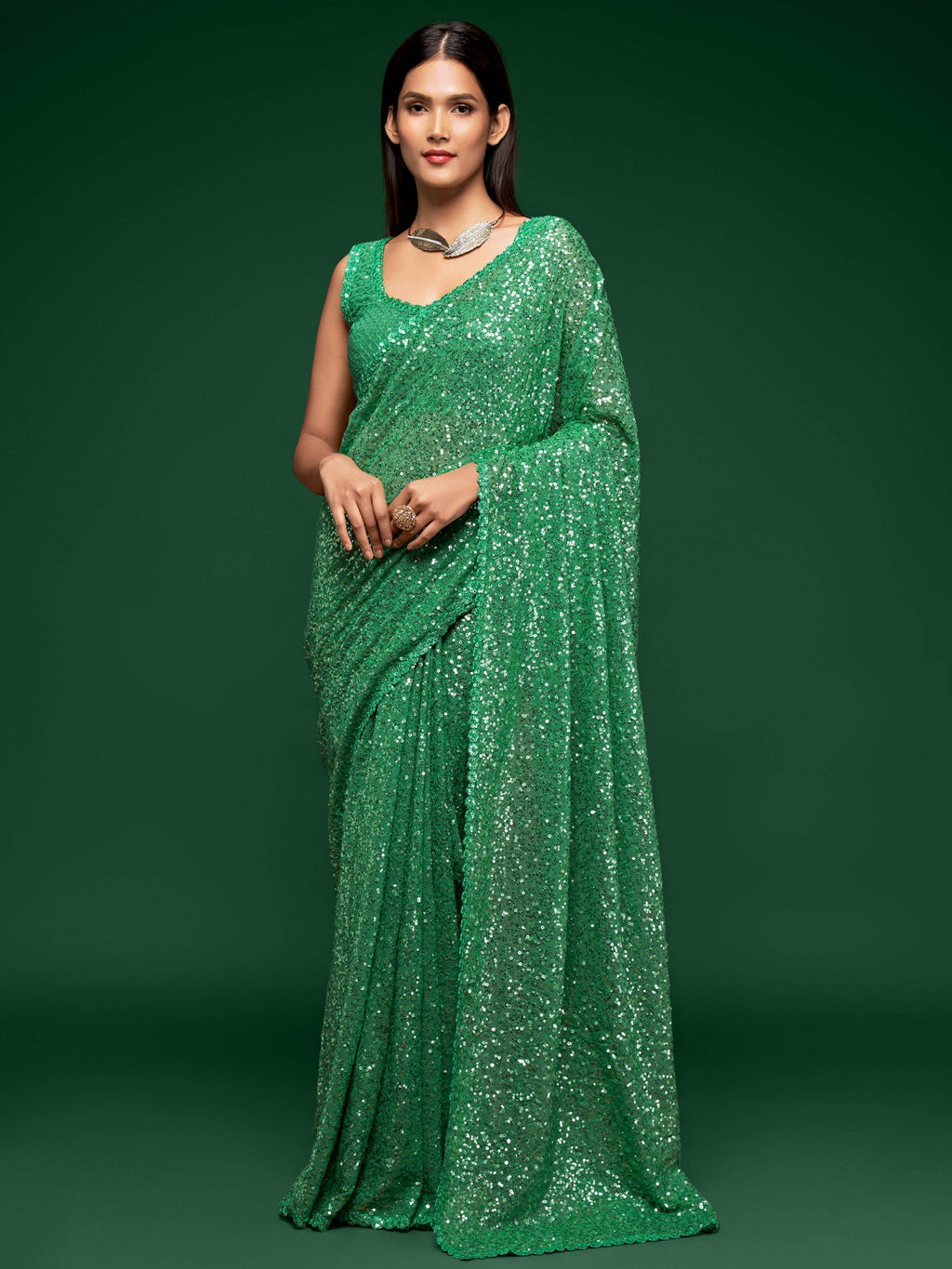 Green Fully Sequined Georgette Party Wear Saree
