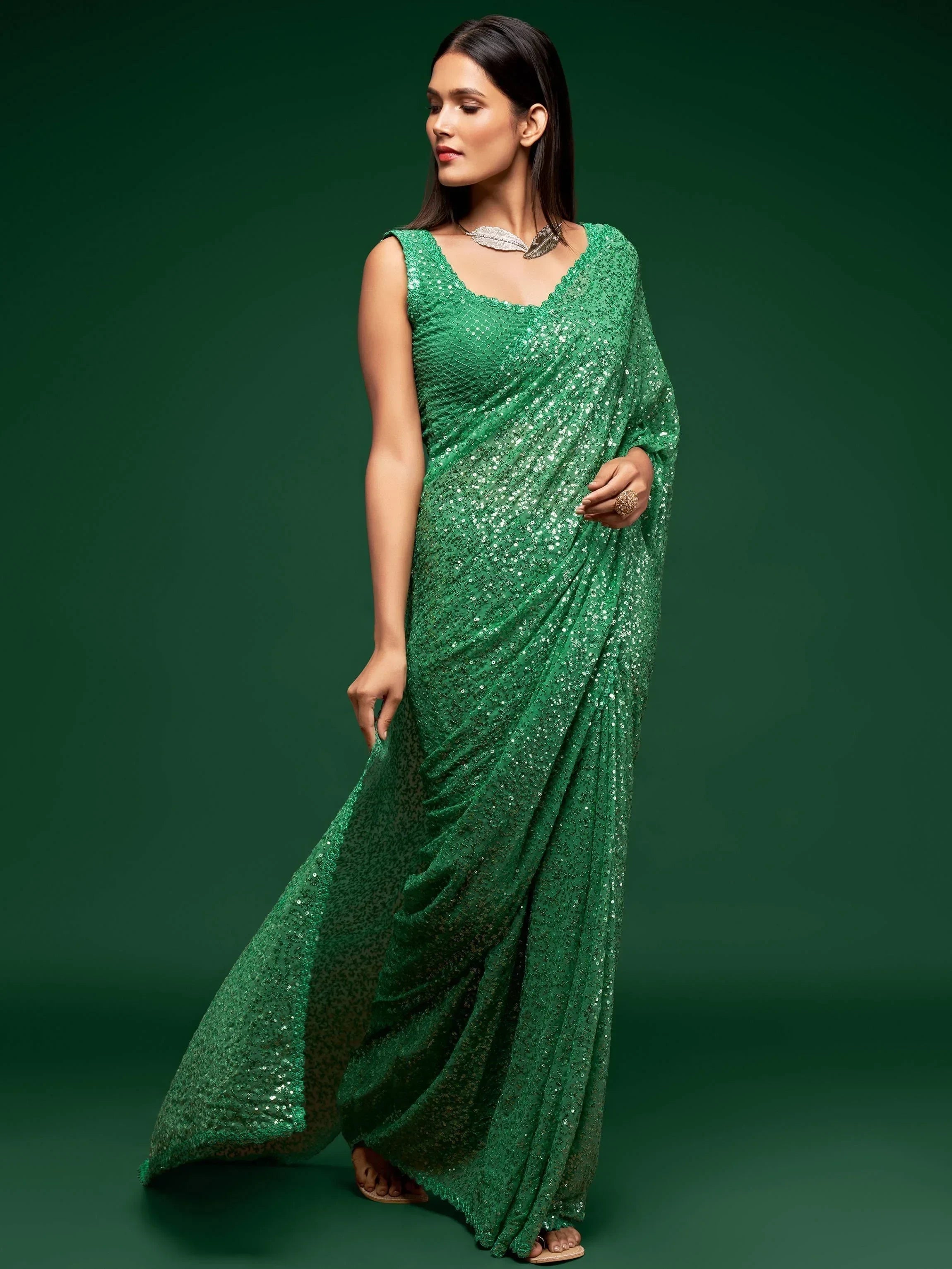 Green Fully Sequined Georgette Party Wear Saree