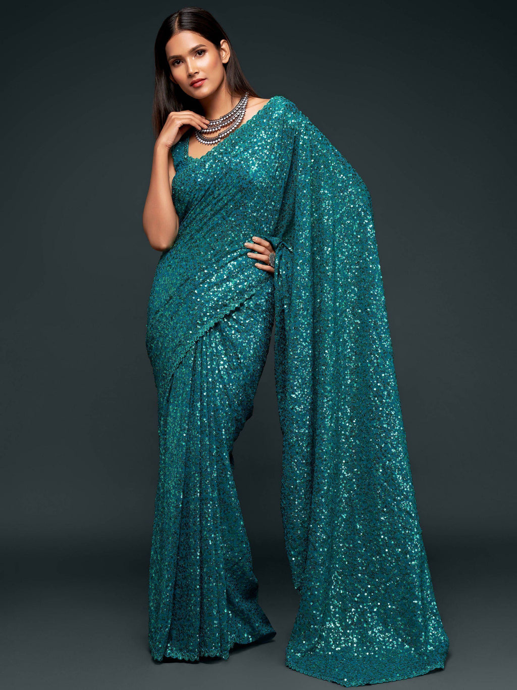 Teal Blue Fully Sequined Georgette Party Wear Saree