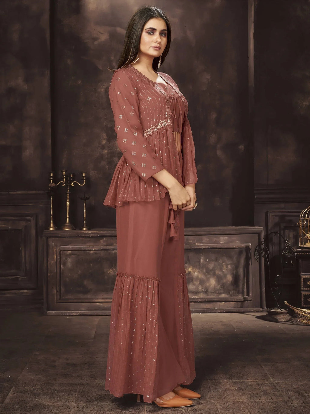 Delightful Brown Sequins Georgette Ready-to-wear Indo-Western Sharara