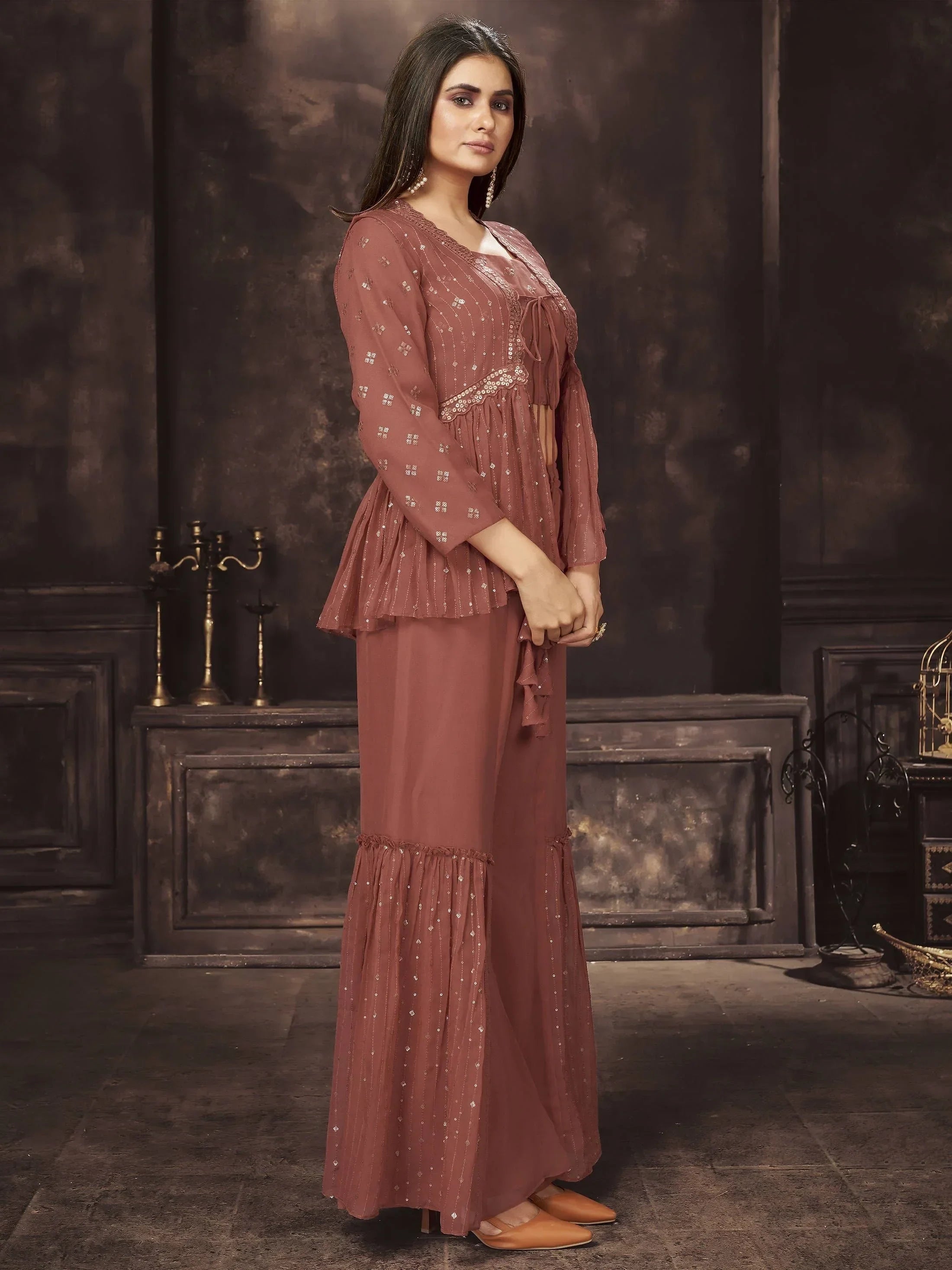 Delightful Brown Sequins Georgette Ready-to-wear Indo-Western Sharara