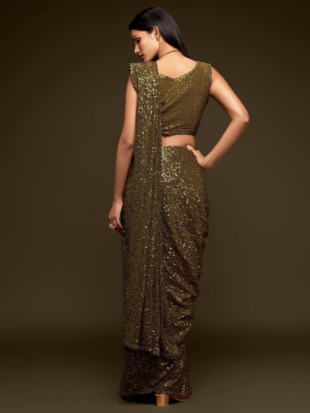 Olive Green Fully Sequined Georgette Party Wear Saree