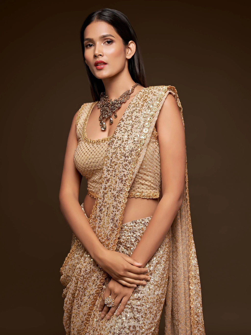 Ivory Fully Sequined Georgette Party Wear Saree