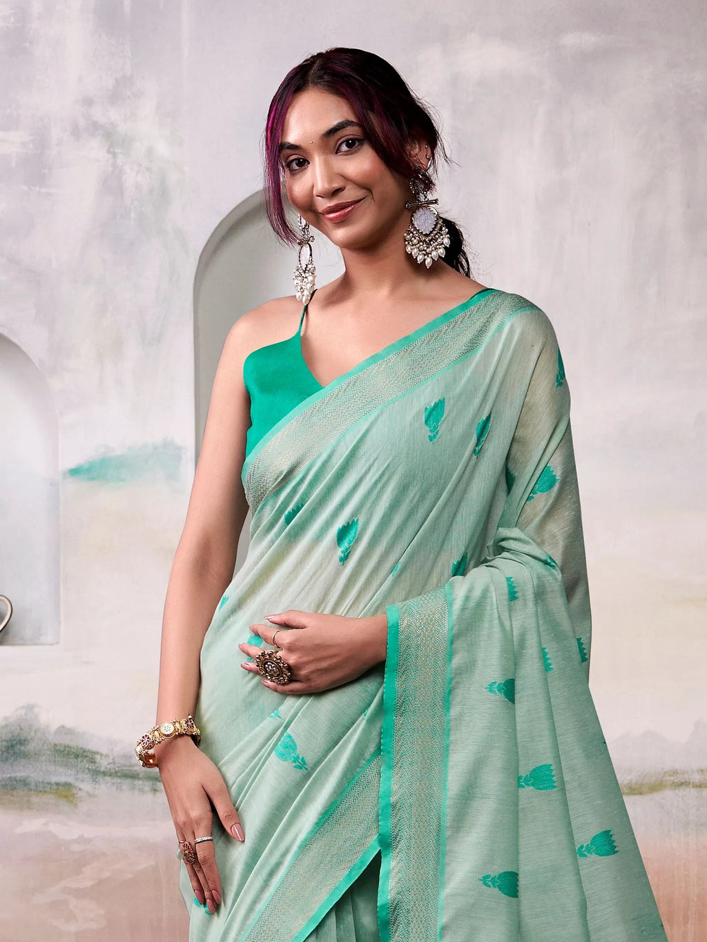 Artistic Green Cotton Weaving Festival Wear Saree With Blouse