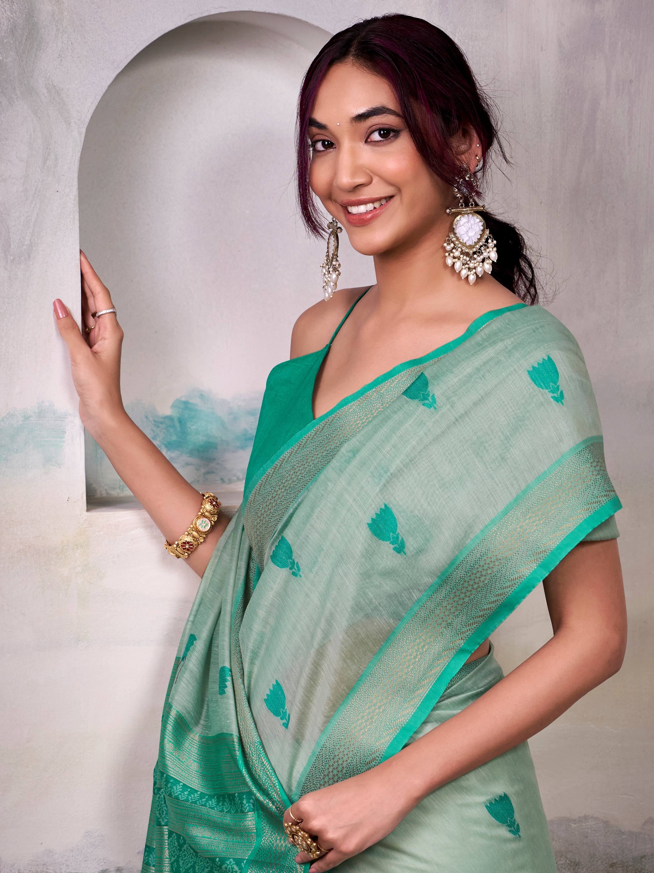 Artistic Green Cotton Weaving Festival Wear Saree With Blouse
