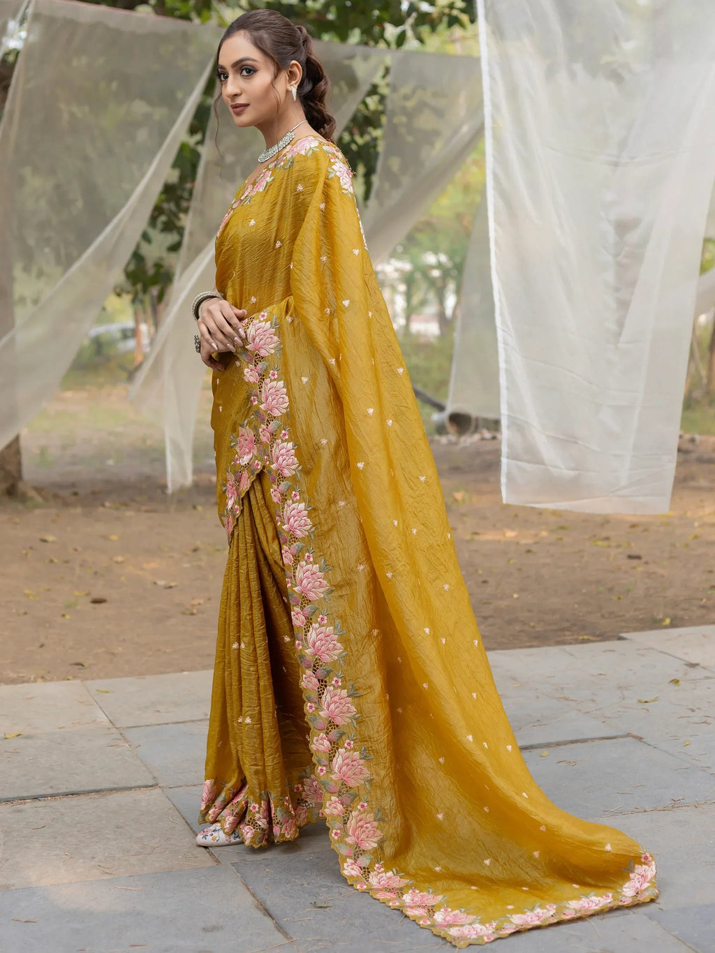 Outstanding Mustard Yellow Embroidered Silk Haldi Wear Saree