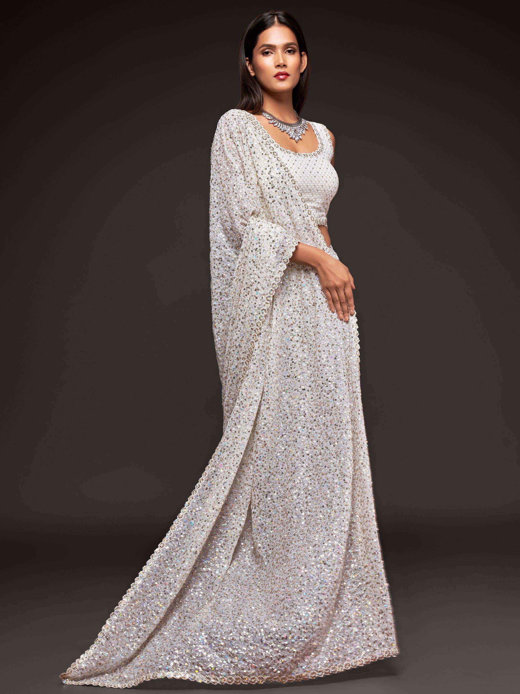 Pearl White Fully Sequined Georgette Party Wear Saree