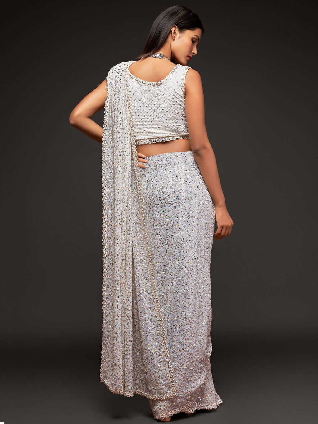 Pearl White Fully Sequined Georgette Party Wear Saree
