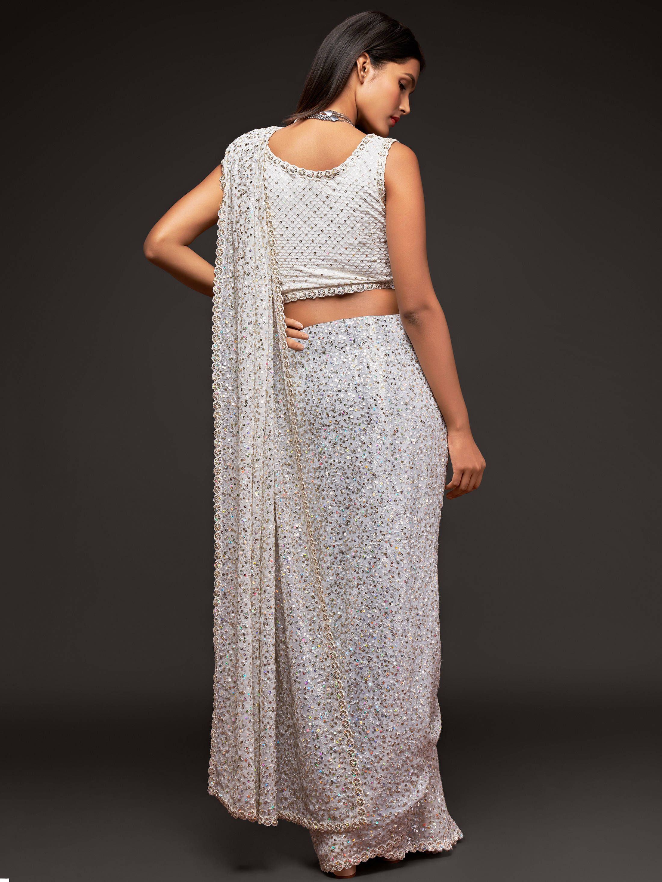 Pearl White Fully Sequined Georgette Party Wear Saree