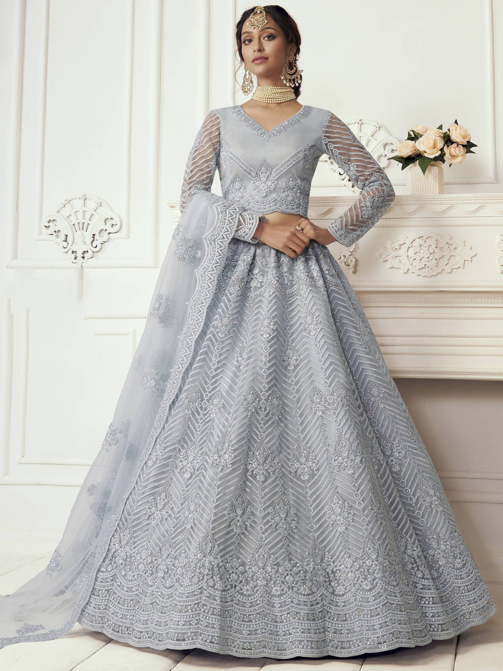 Purple Light Heavy Thread Coding Work Net Bridal Lehenga Choli