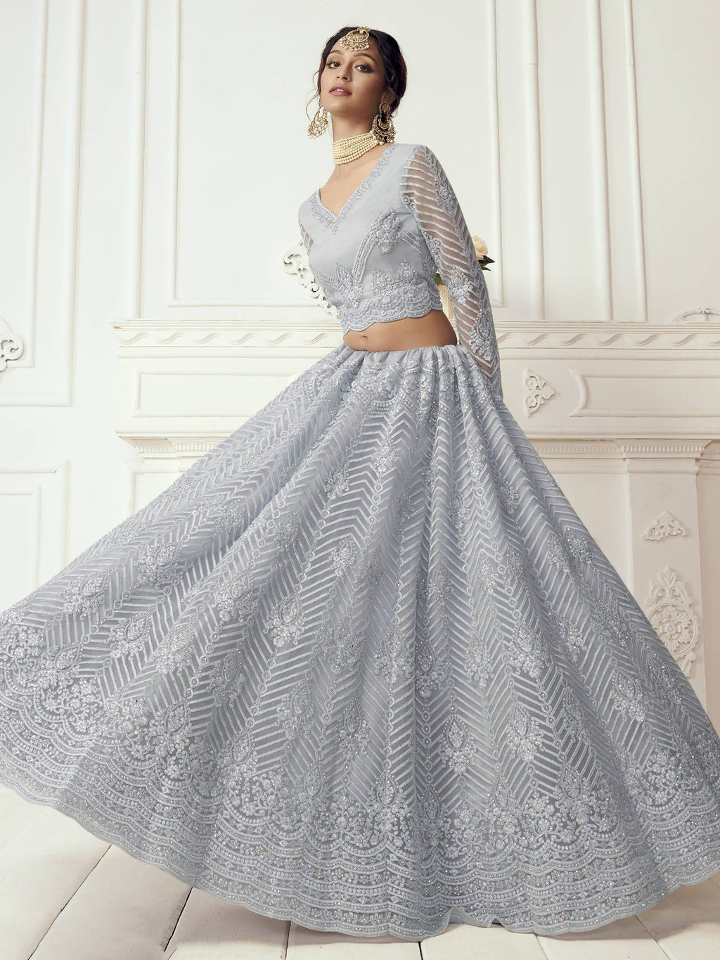Purple Light Heavy Thread Coding Work Net Bridal Lehenga Choli