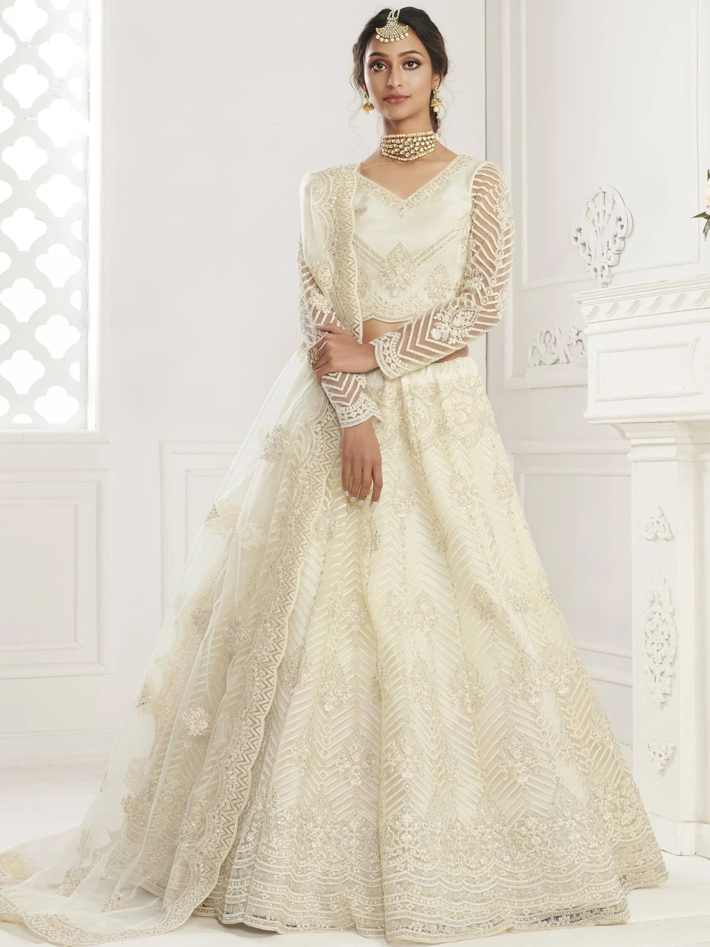 Off White Light Heavy Thread Coding Work Net Bridal Lehenga Choli