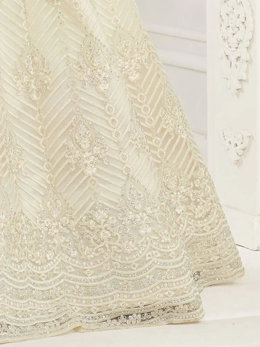 Off White Light Heavy Thread Coding Work Net Bridal Lehenga Choli