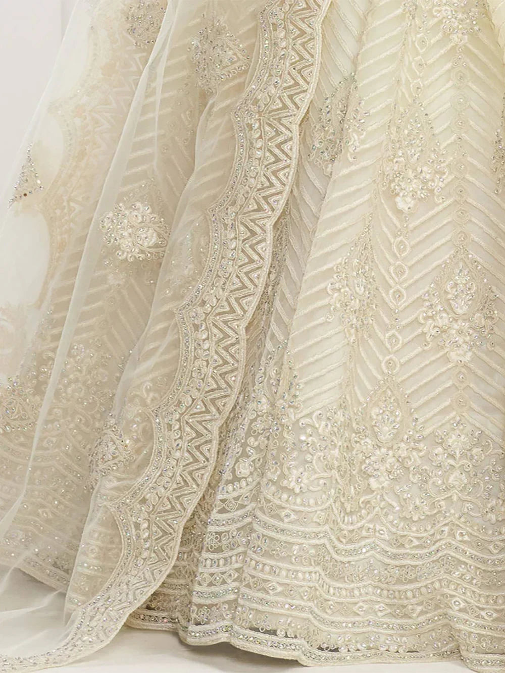 Off White Light Heavy Thread Coding Work Net Bridal Lehenga Choli