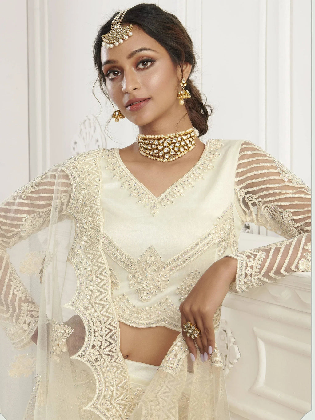 Off White Light Heavy Thread Coding Work Net Bridal Lehenga Choli