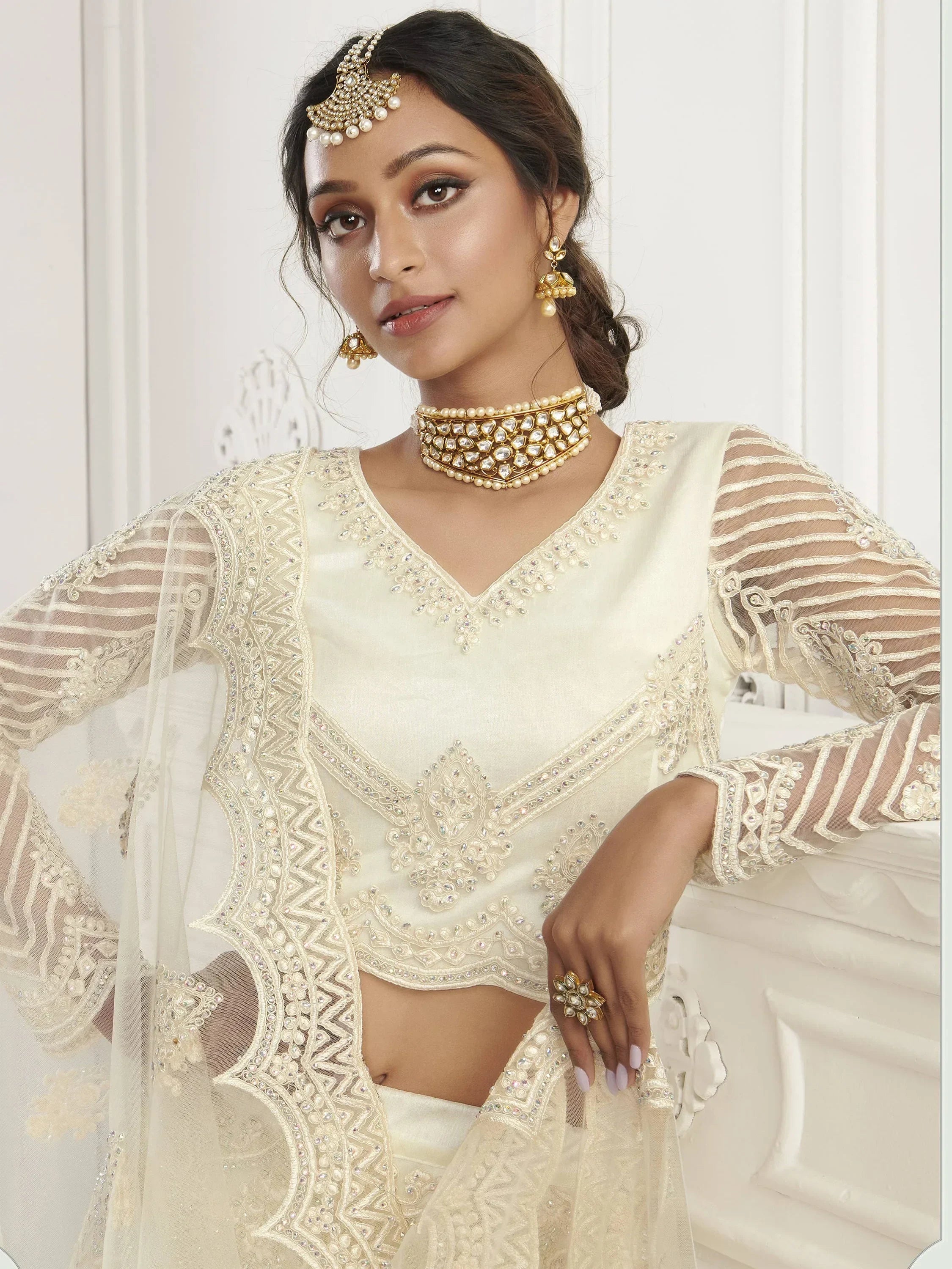 Off White Light Heavy Thread Coding Work Net Bridal Lehenga Choli