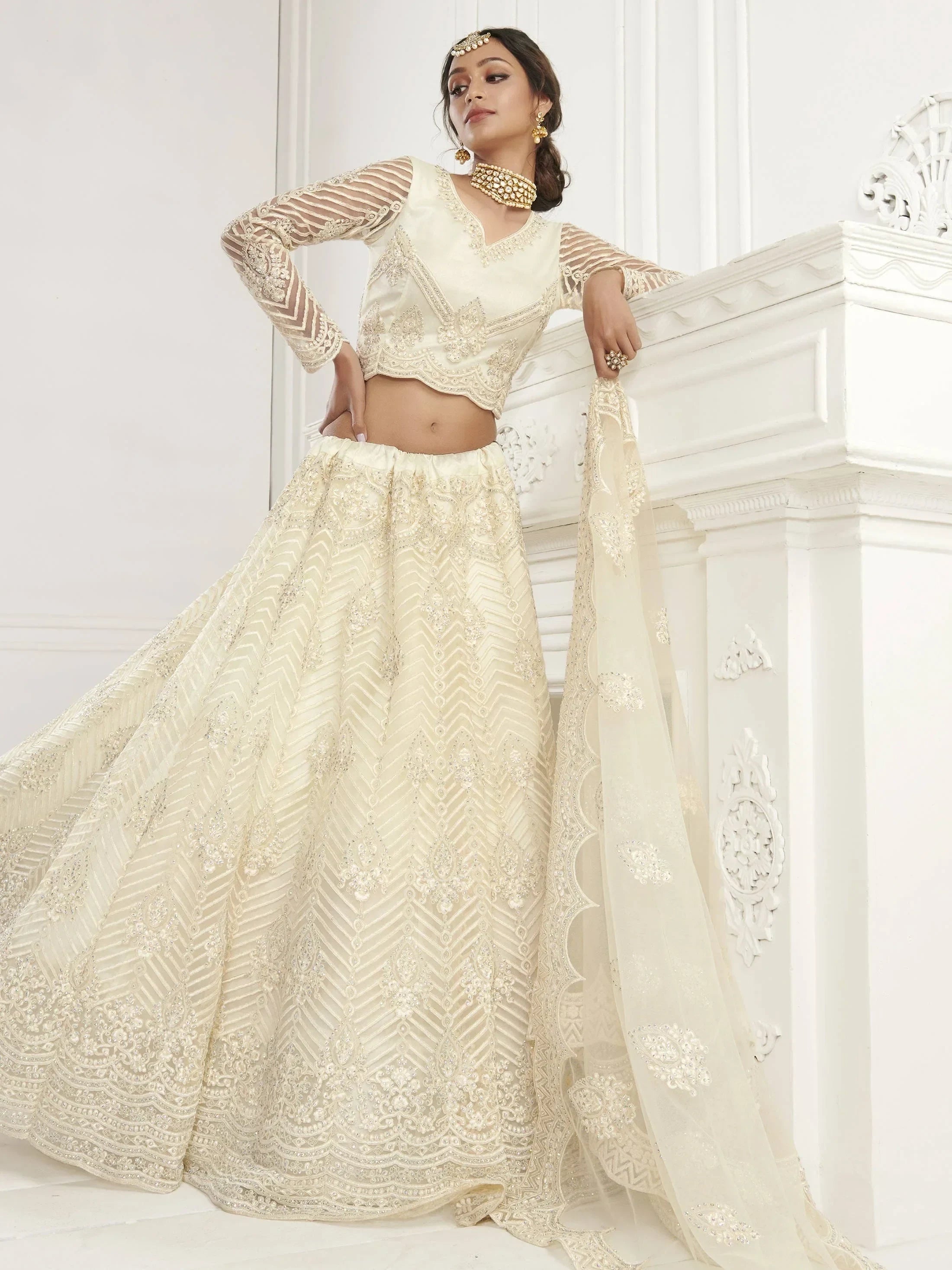 Off White Light Heavy Thread Coding Work Net Bridal Lehenga Choli