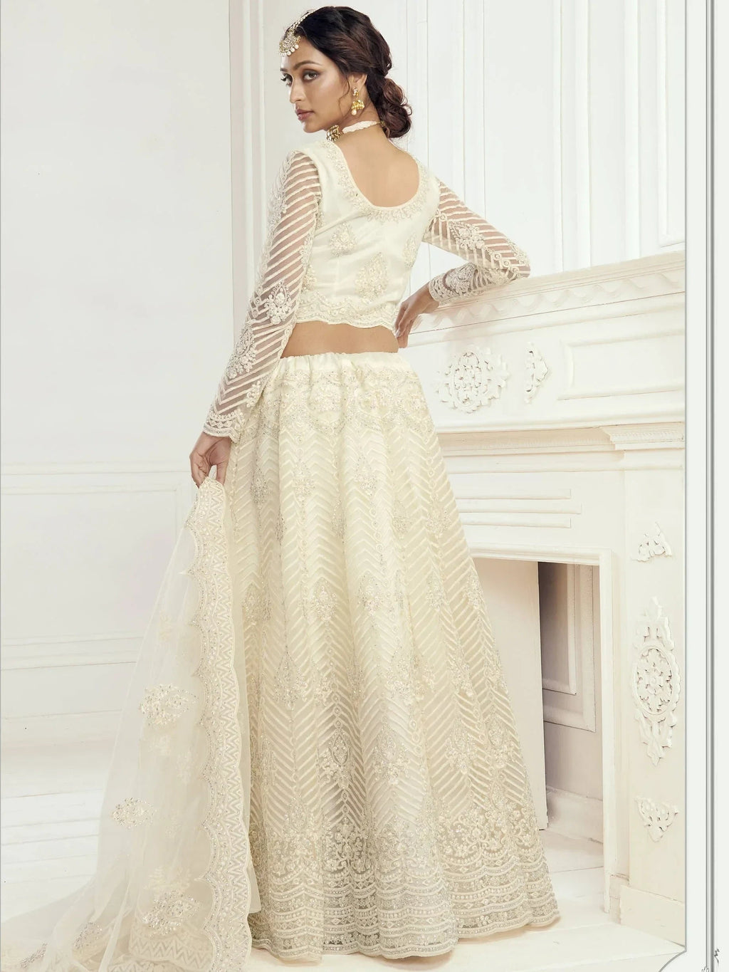 Off White Light Heavy Thread Coding Work Net Bridal Lehenga Choli
