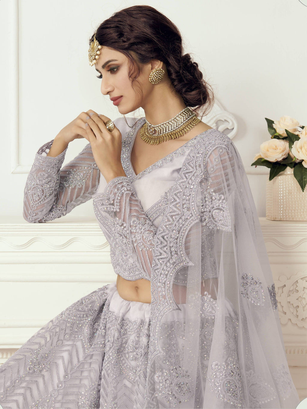 Lavender Light Heavy Thread Coding Work Net Bridal Lehenga Choli